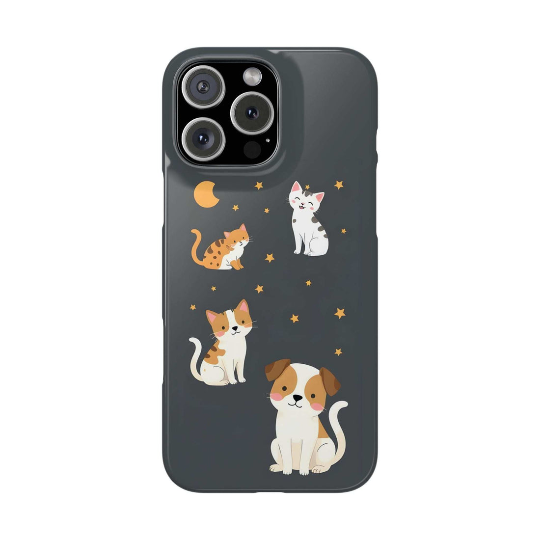 Dark phone case with cute cat and dog illustration, stars, and moon; raised camera cutouts