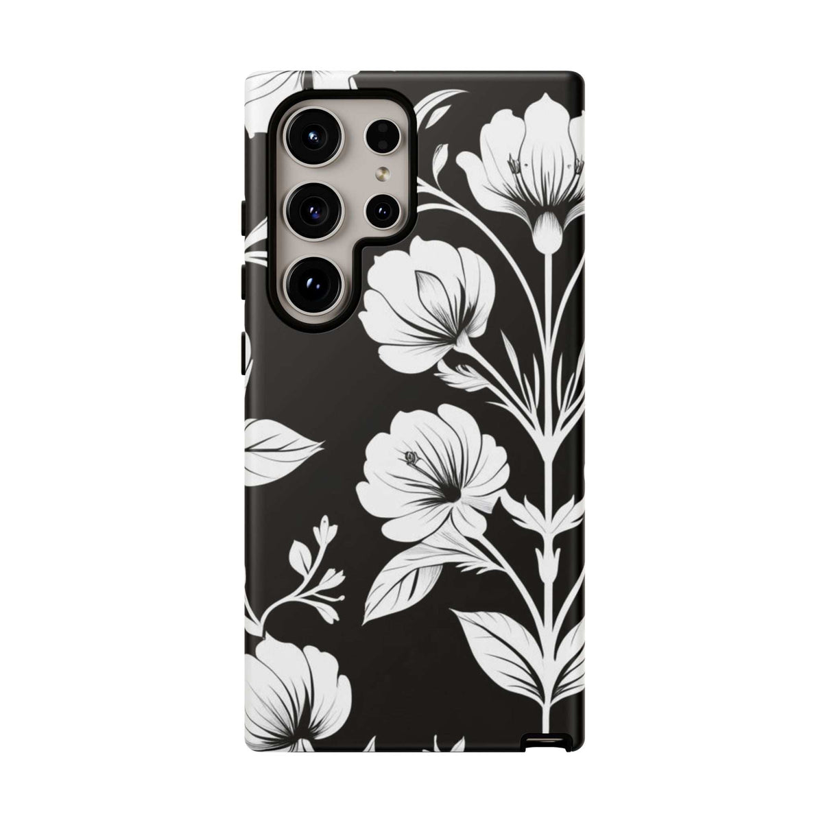 Black floral phone case with white blossoms and leaves; precise camera cutout openings