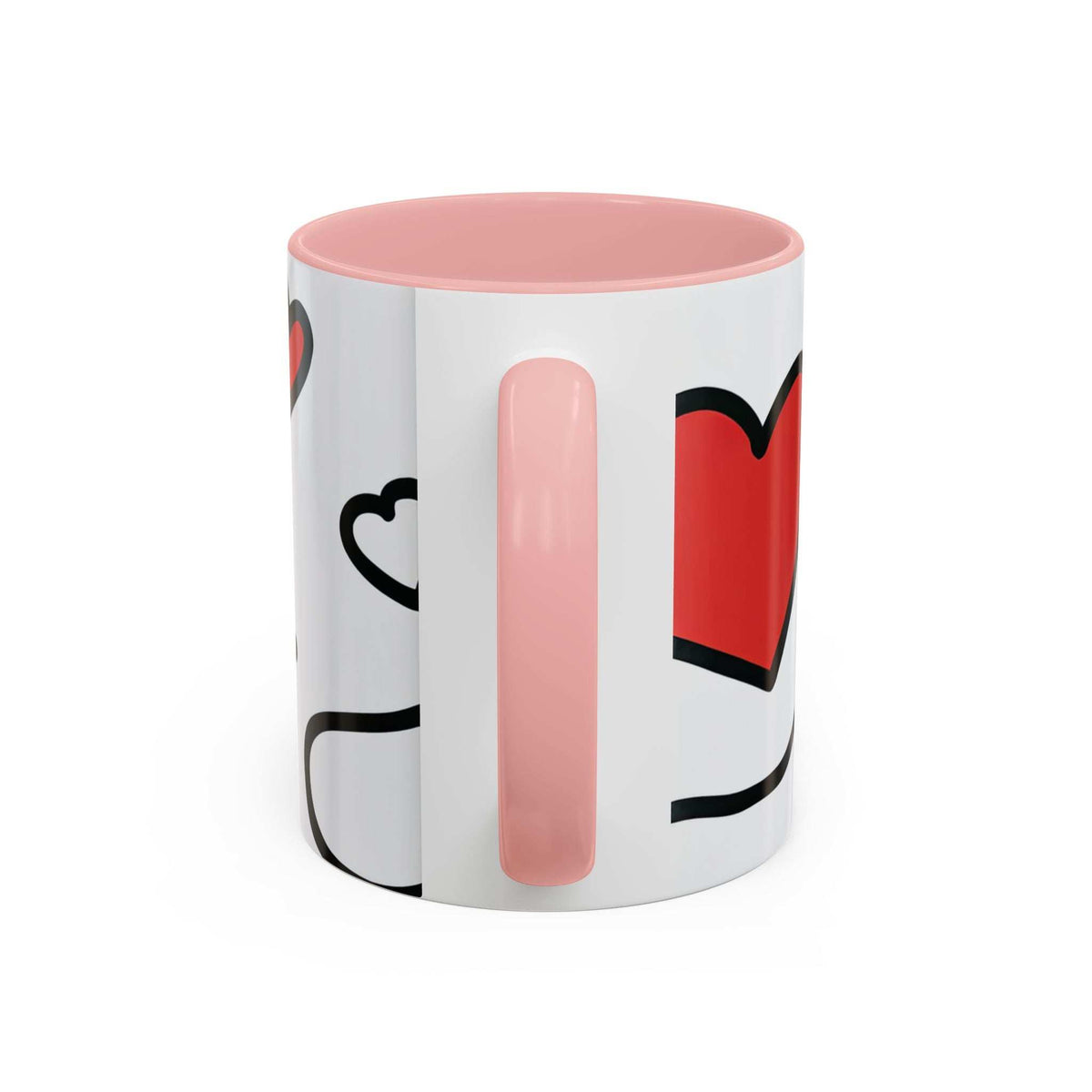 White accent coffee mug with pink rim and bold pink vertical bar, red heart block graphic