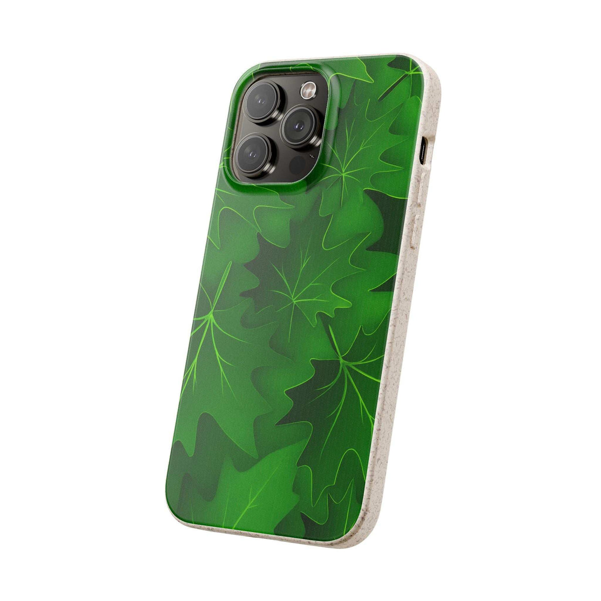 Green botanical leaf phone case with triple-camera cutout and speckled beige sides