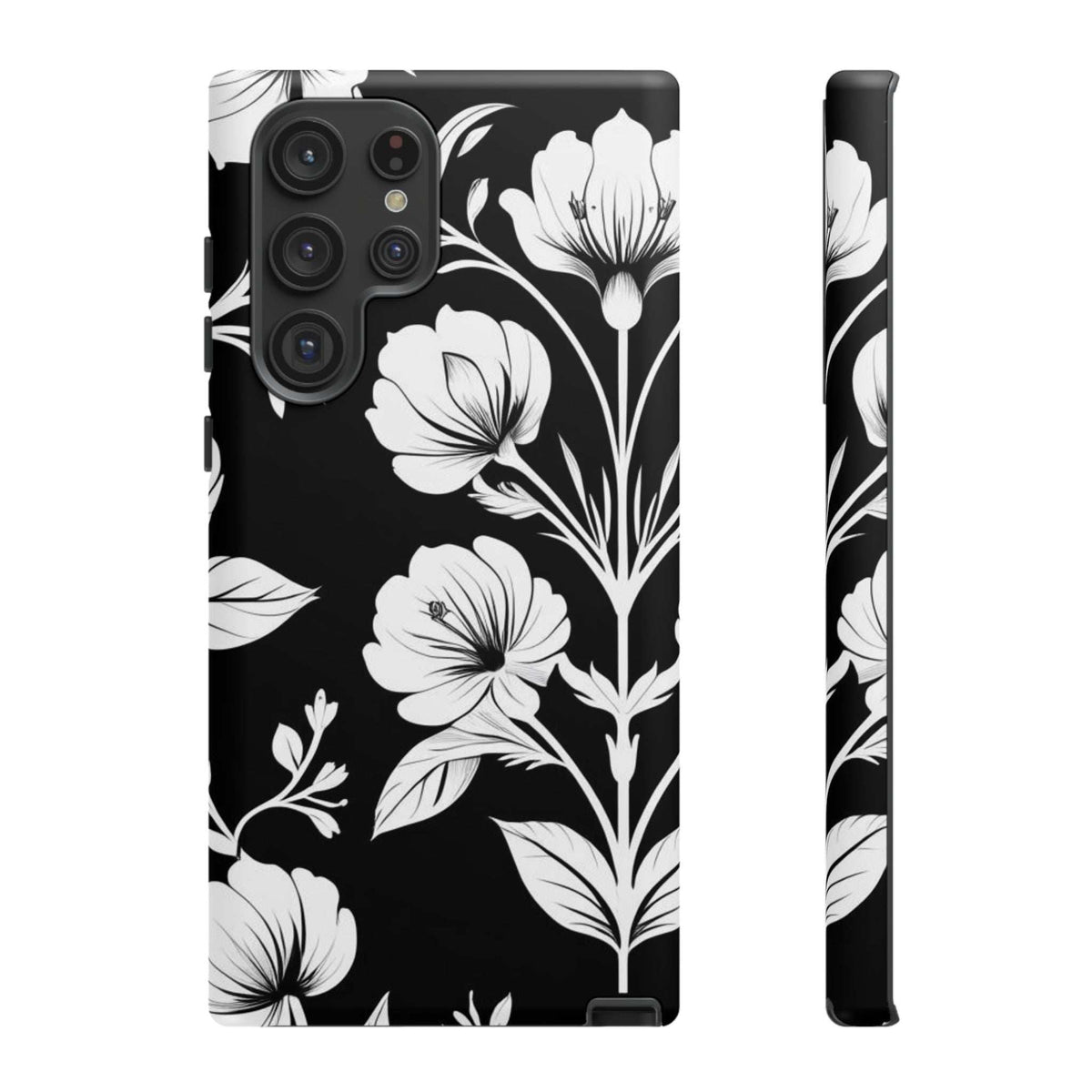 Black floral phone case with white blossoms; back view showing camera module openings.