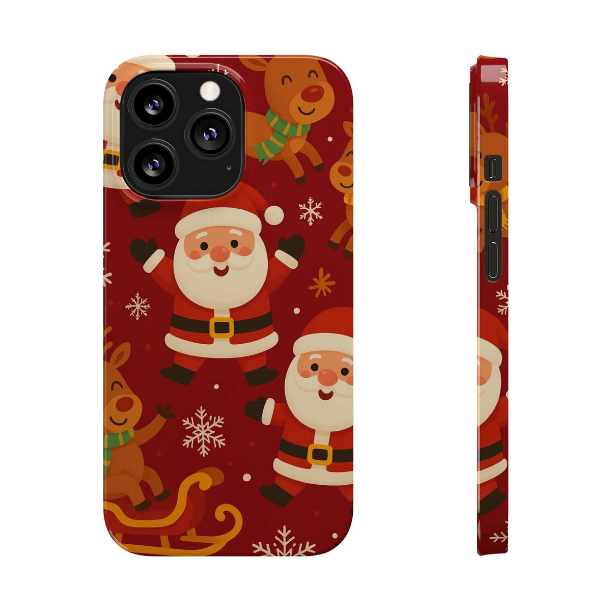 Red holiday Santa phone case with gingerbread and snowflakes; front and side profile