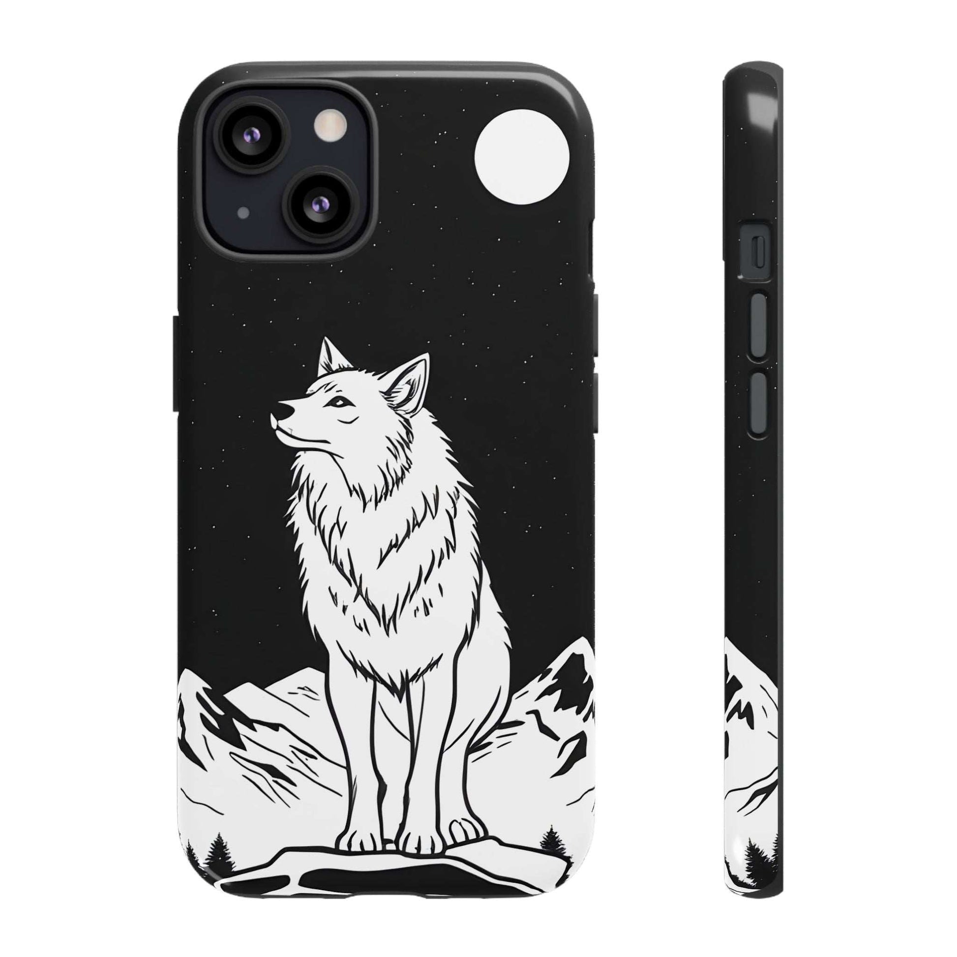 Black phone case showing white wolf sitting with raised paws, moon graphic, and camera lens cutouts
