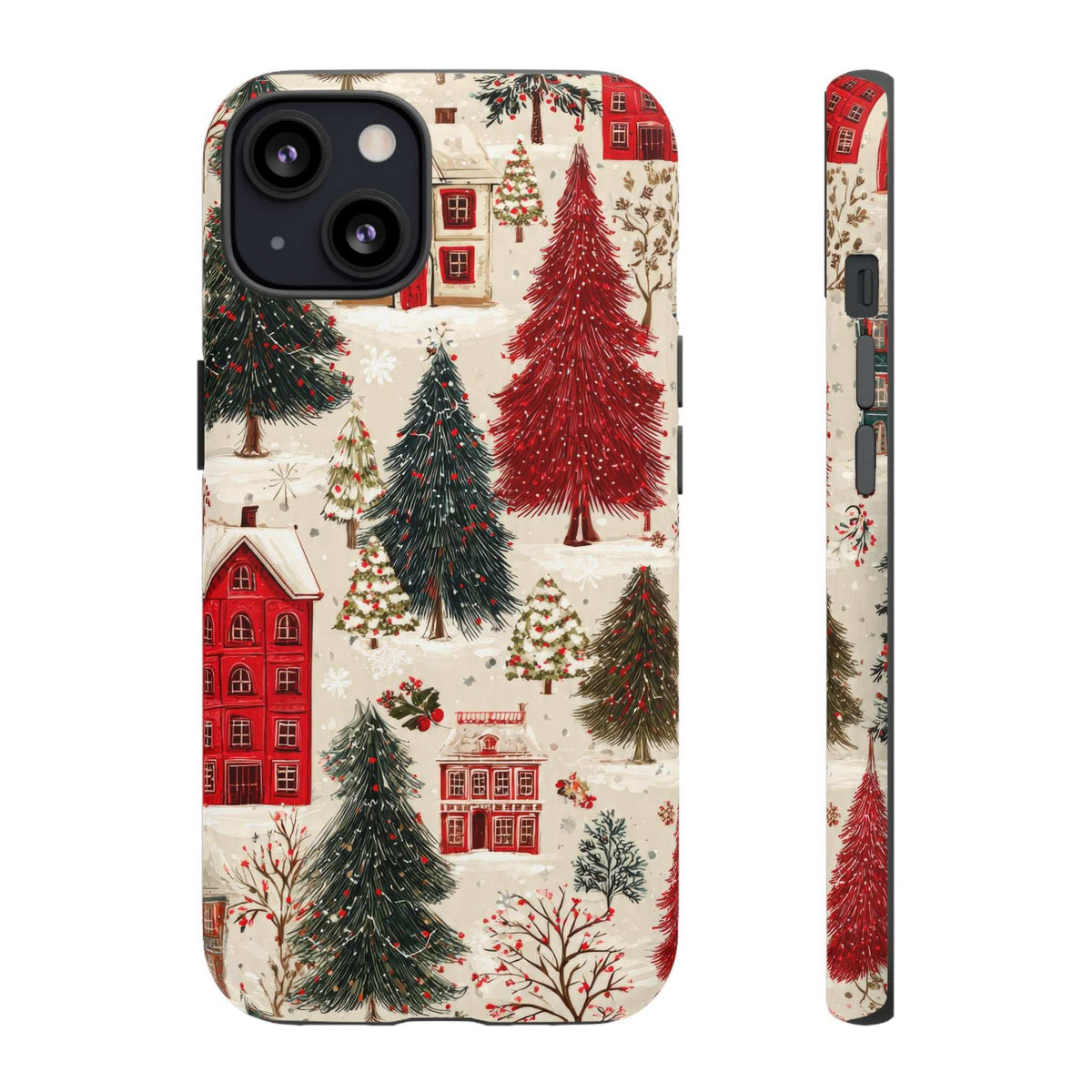 Winter village phone case with red houses and evergreen trees, camera cutouts, side profile