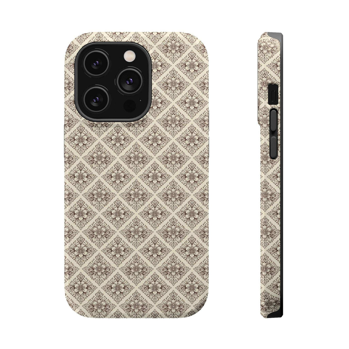 Beige ornate patterned phone case front view with camera cutout and visible side buttons