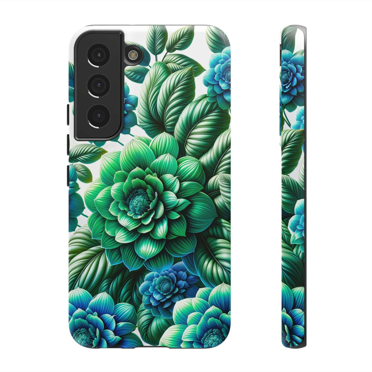 Green and blue floral phone case with dense tropical flowers and leaves, back and side