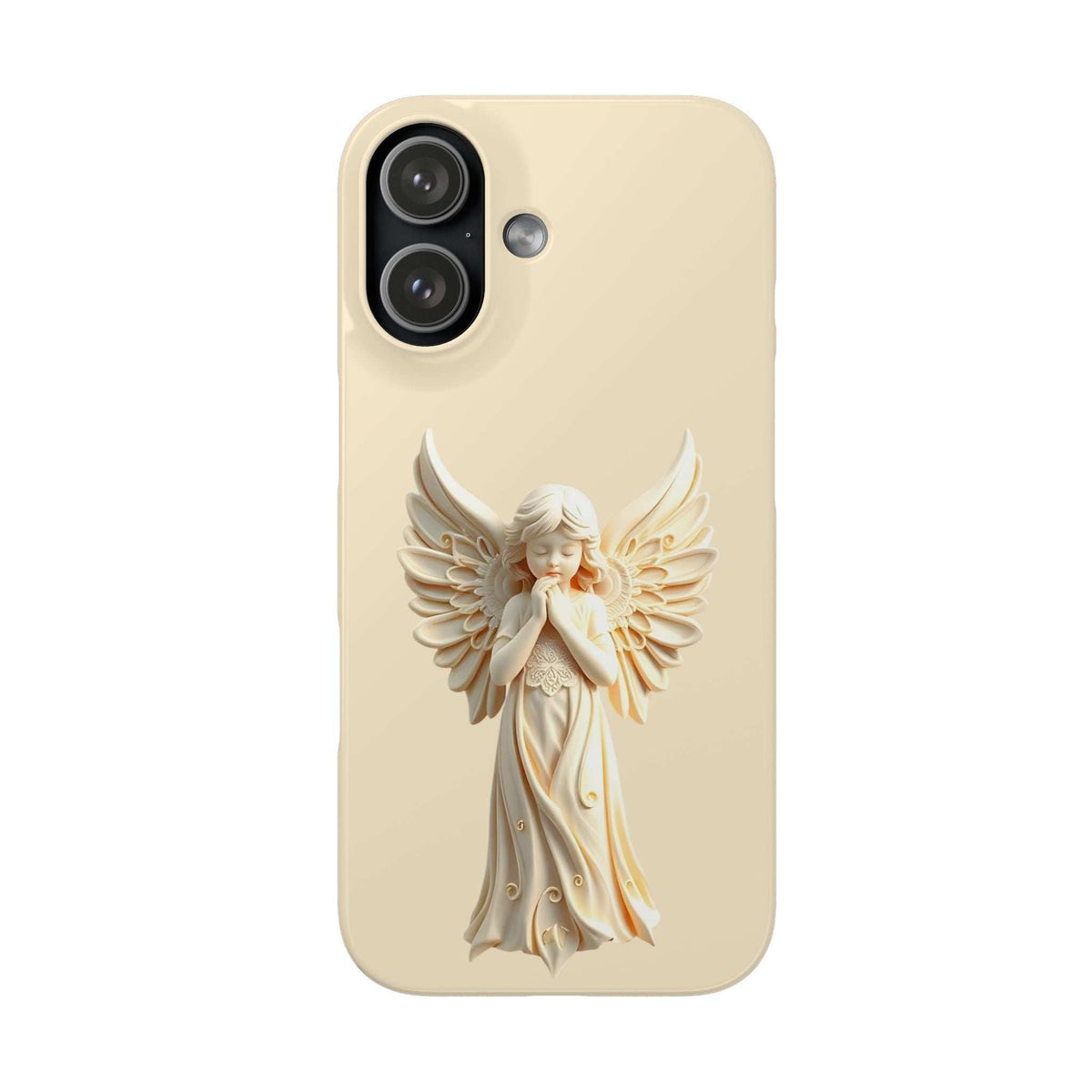 Light beige phone case with centered angel wings figure and round camera openings