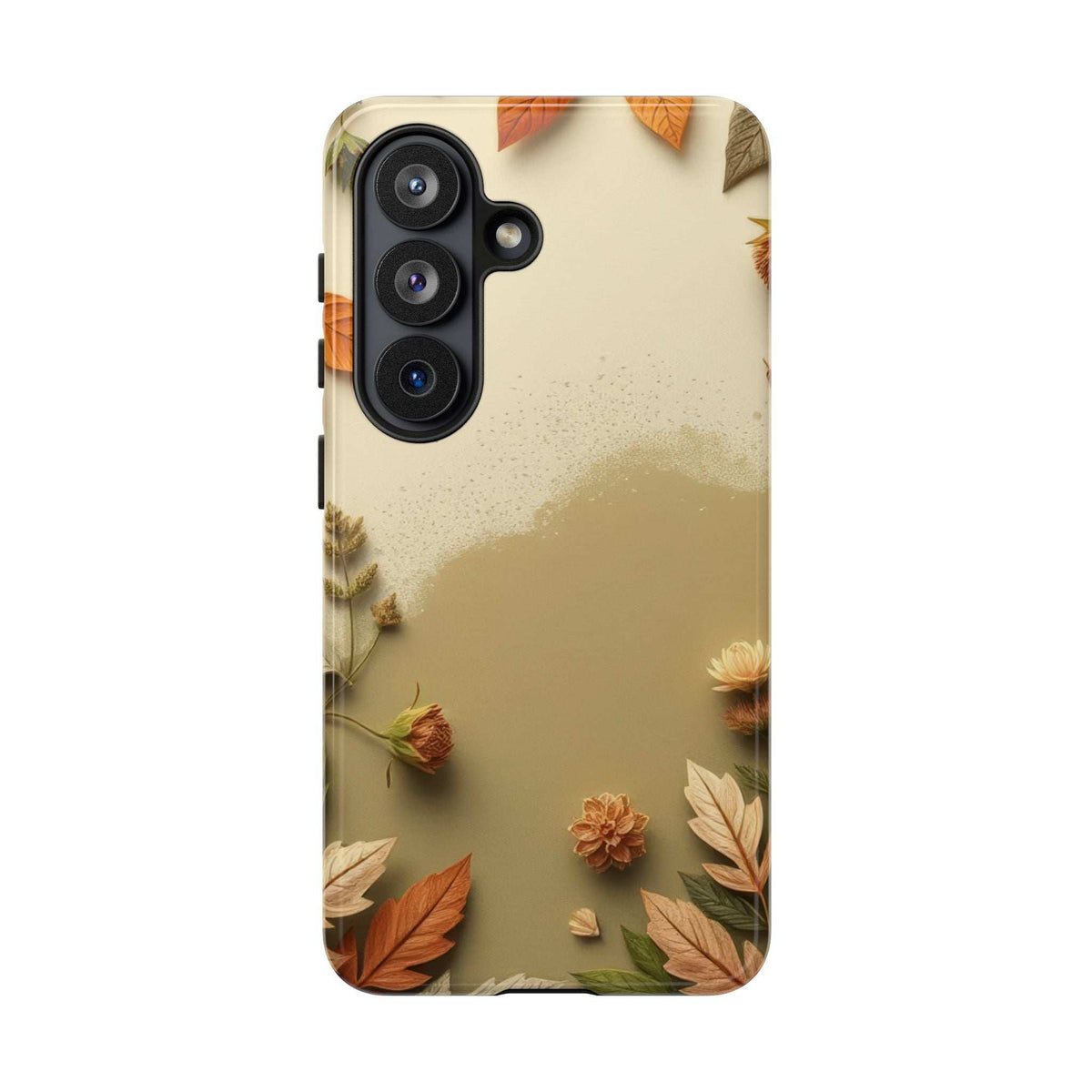 Phone case with beige autumn leaves pattern and vertical camera cutout
