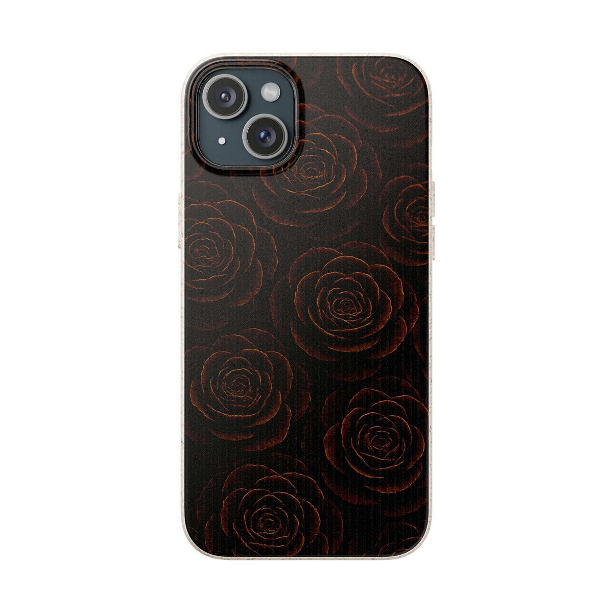 Dark phone case with swirling rose design and camera cutout; clear protective edge visible.