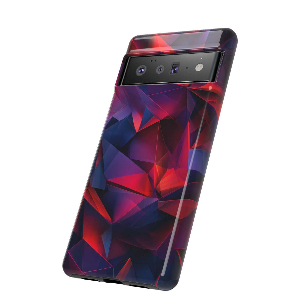 Glossy crystalline prism phone case with red-blue geometric pattern, top camera area cutout