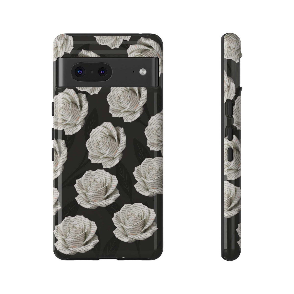 Black floral phone case with white roses; back camera lenses and speaker cutout