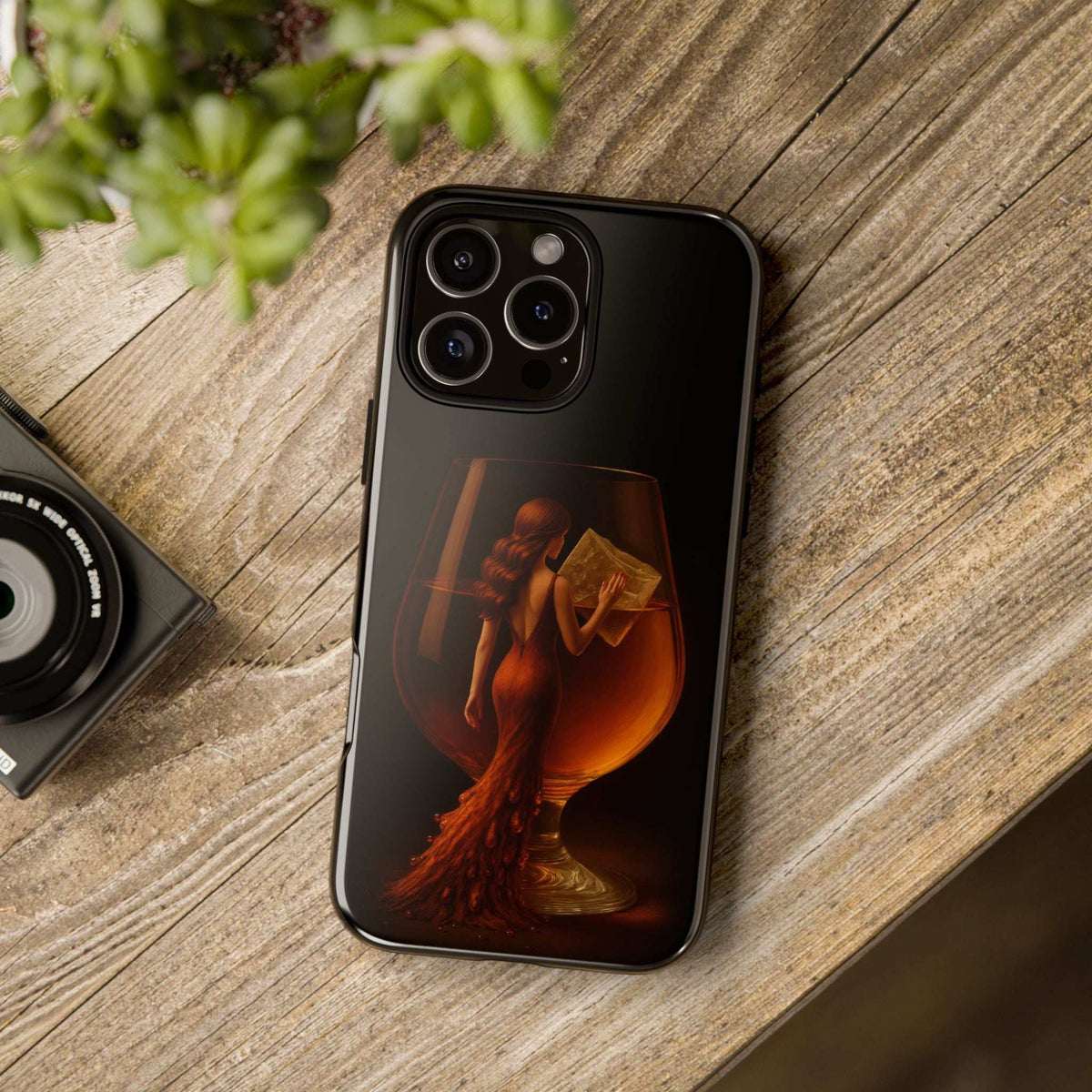 Black glossy phone case with woman holding letter artwork, camera cutouts