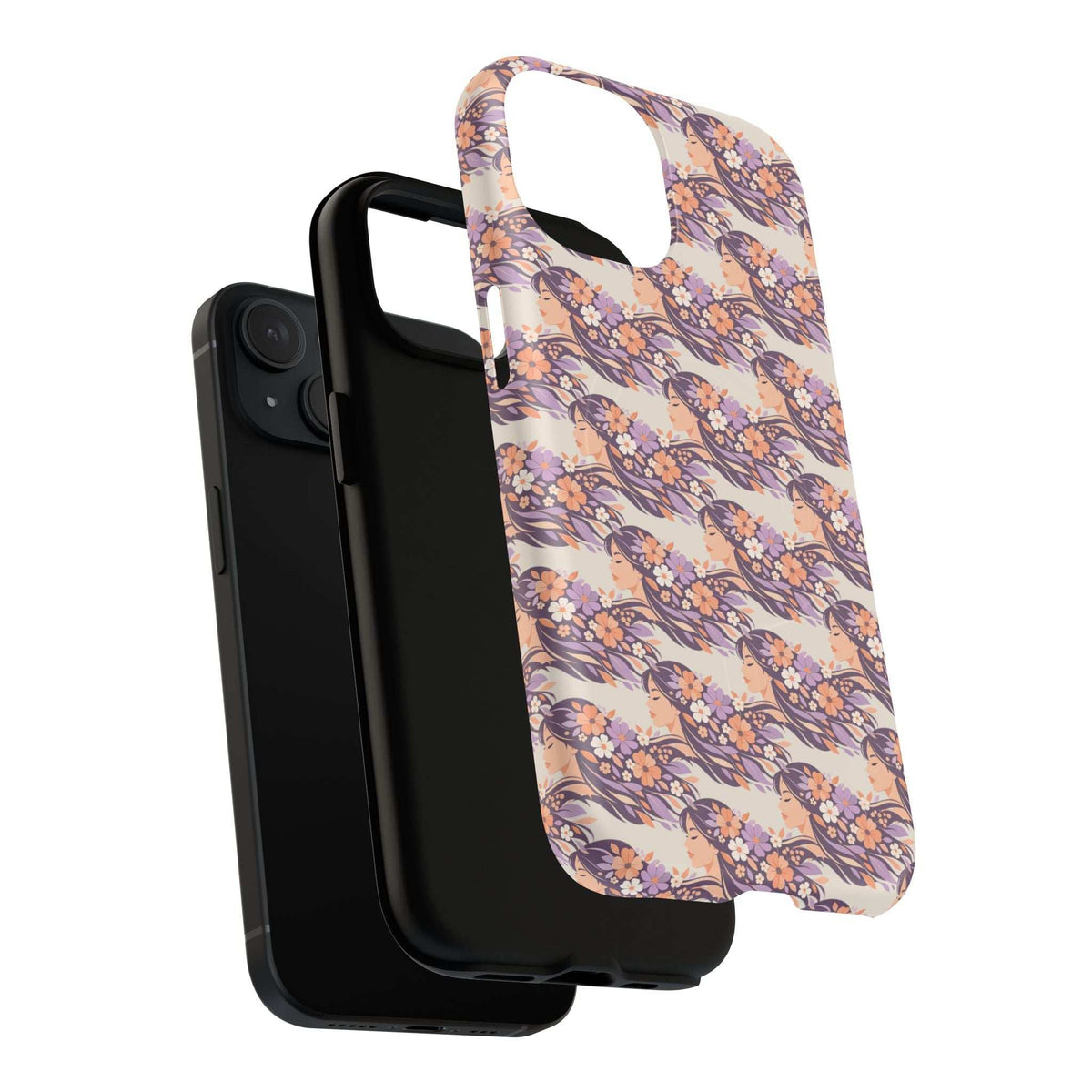 Floral phone case with peach and purple blossom pattern, snug fit and button cutouts