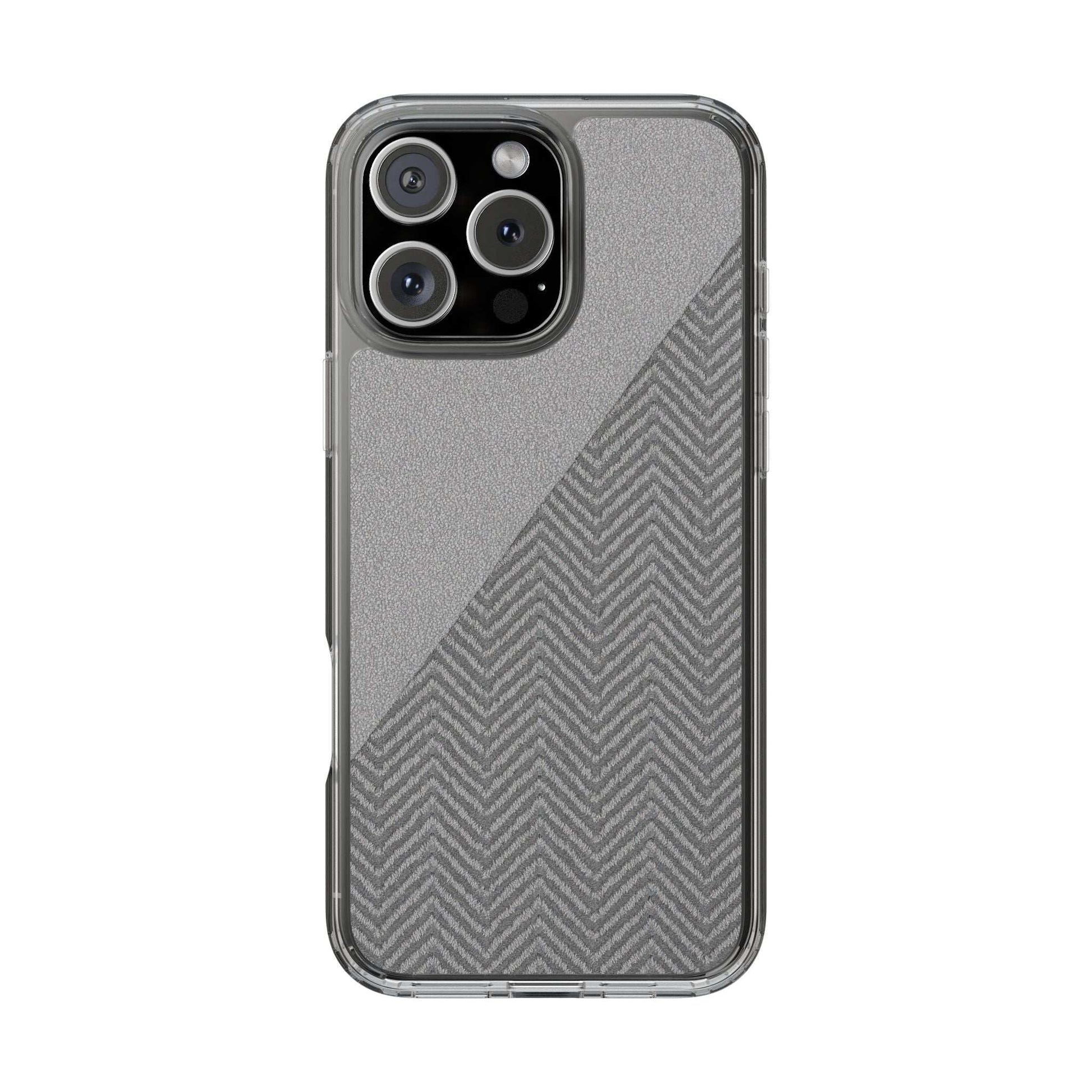 Tough phone case with clear bumper and dark herringbone diagonal pattern, quad cameras