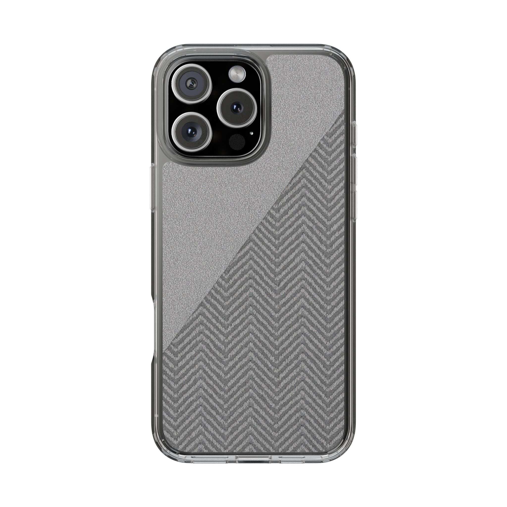 Tough phone case with clear bumper and dark herringbone diagonal pattern, quad cameras