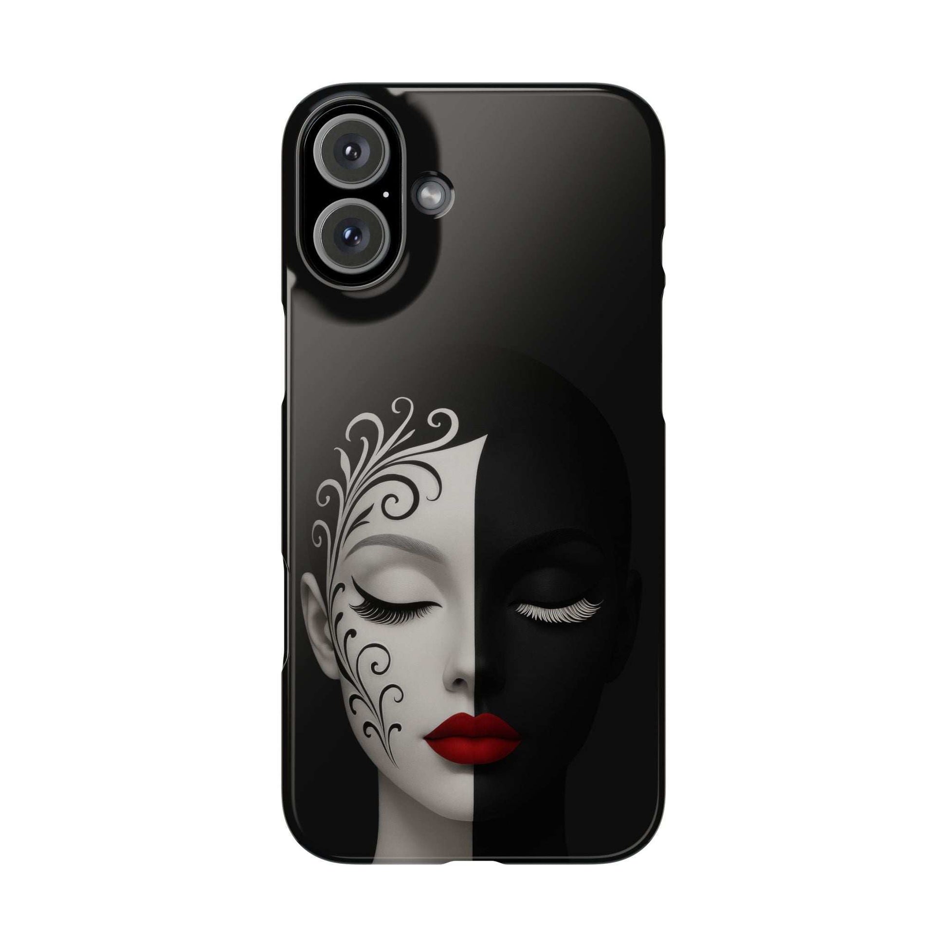 Black phone case showing half-and-half face art, closed eyes, red lips, and swirl detailing