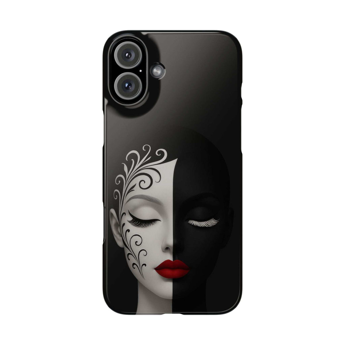 Black phone case showing half-and-half face art, closed eyes, red lips, and swirl detailing