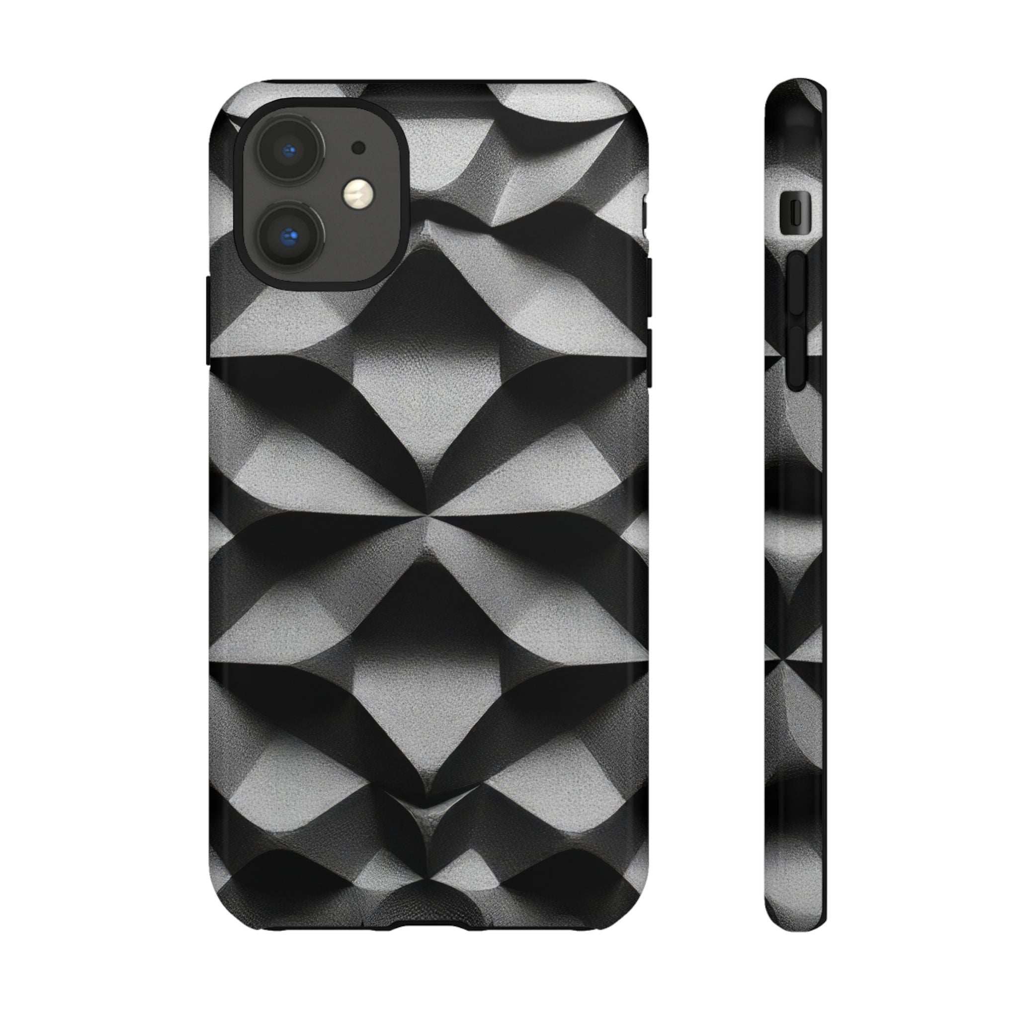 Tough phone case with black and silver geometric diamond pattern, corner camera openings