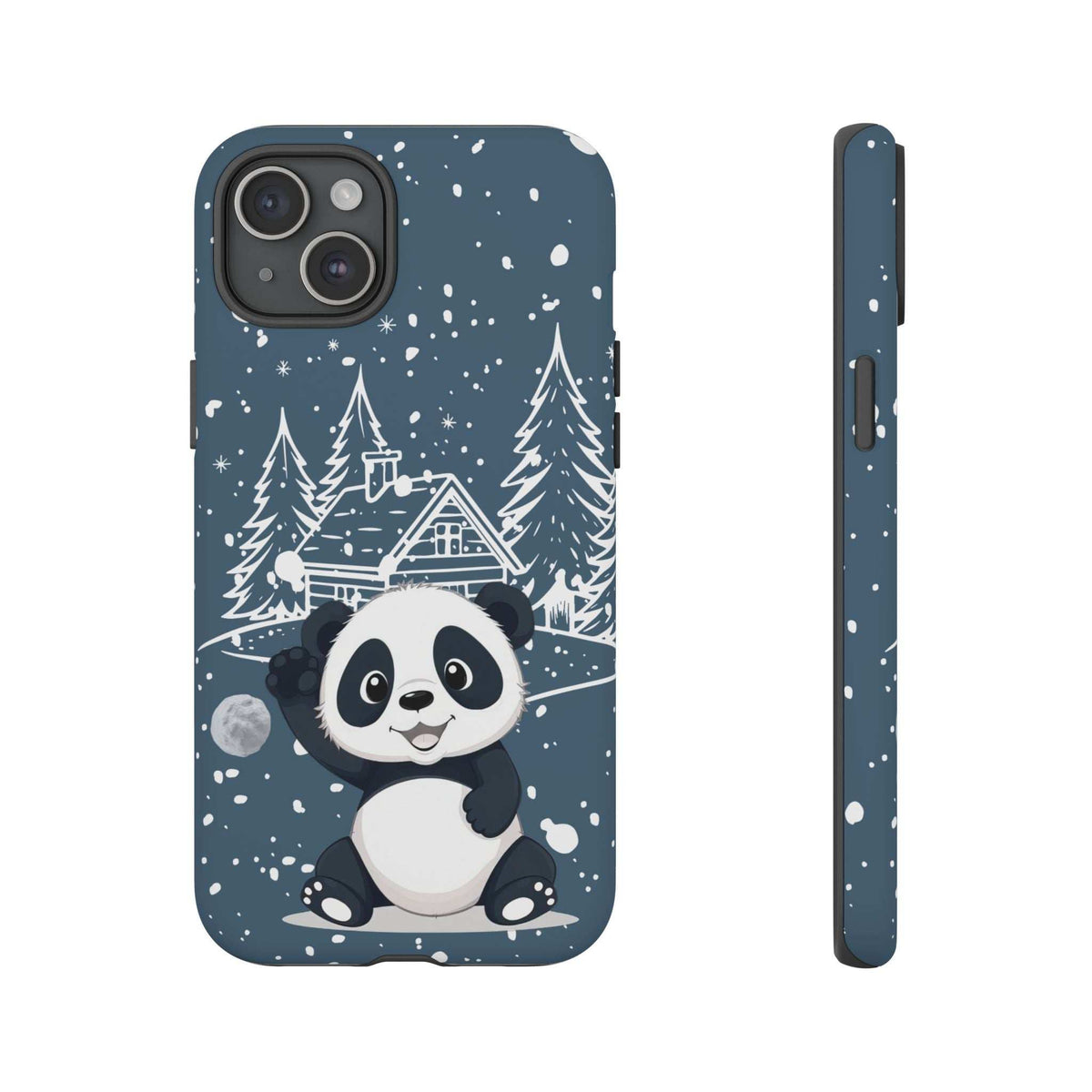 Dark blue panda winter phone case front view featuring panda in snowy forest scene
