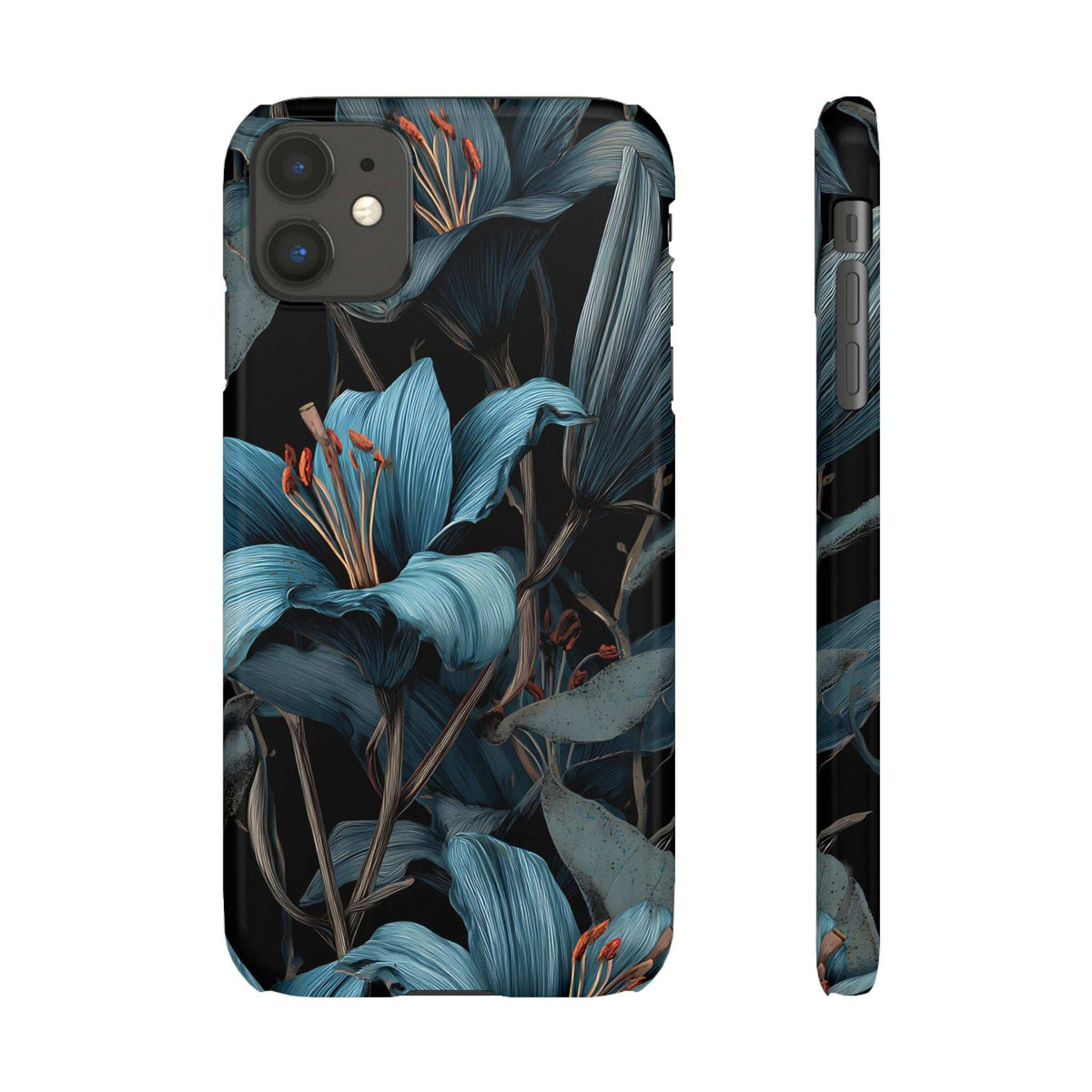 Floral phone case front and side, blue botanical print with camera module cutout