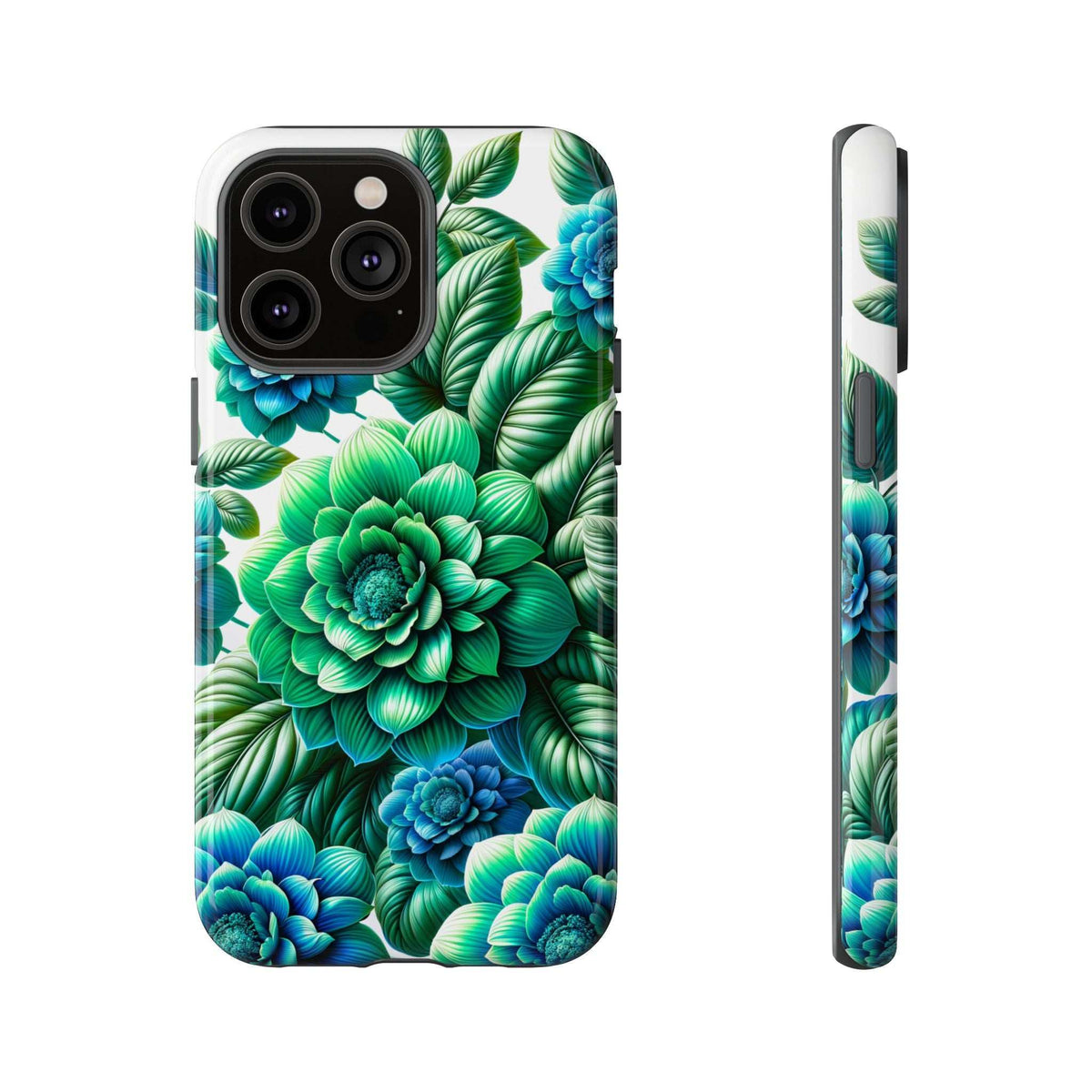 Phone case with green leaf and blue flower design; back camera openings with black panel.
