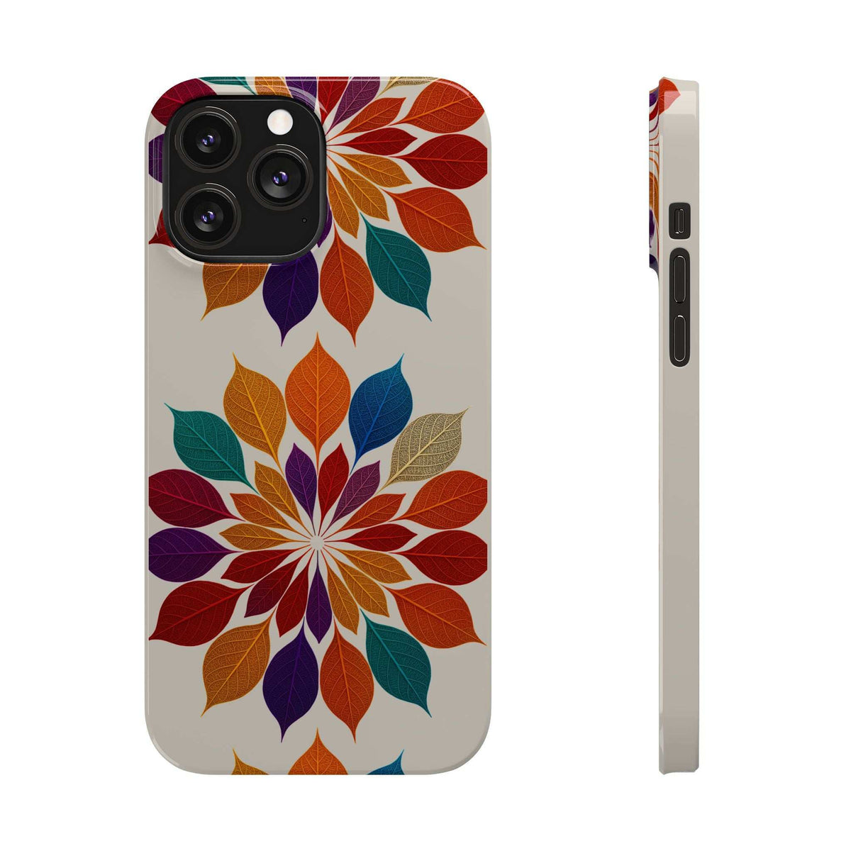 Leaf mandala phone case for iPhone 11-17, front view with camera cutouts and colorful leaf mandala