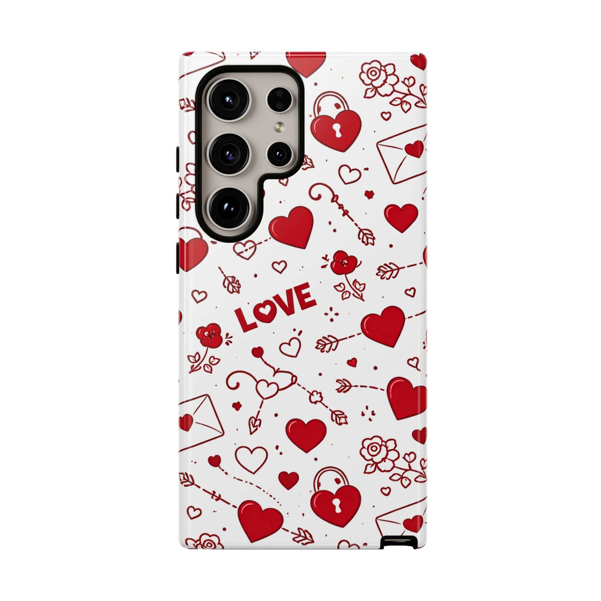 Glossy white phone case with red hearts, love notes, and arrow doodles; camera cutouts