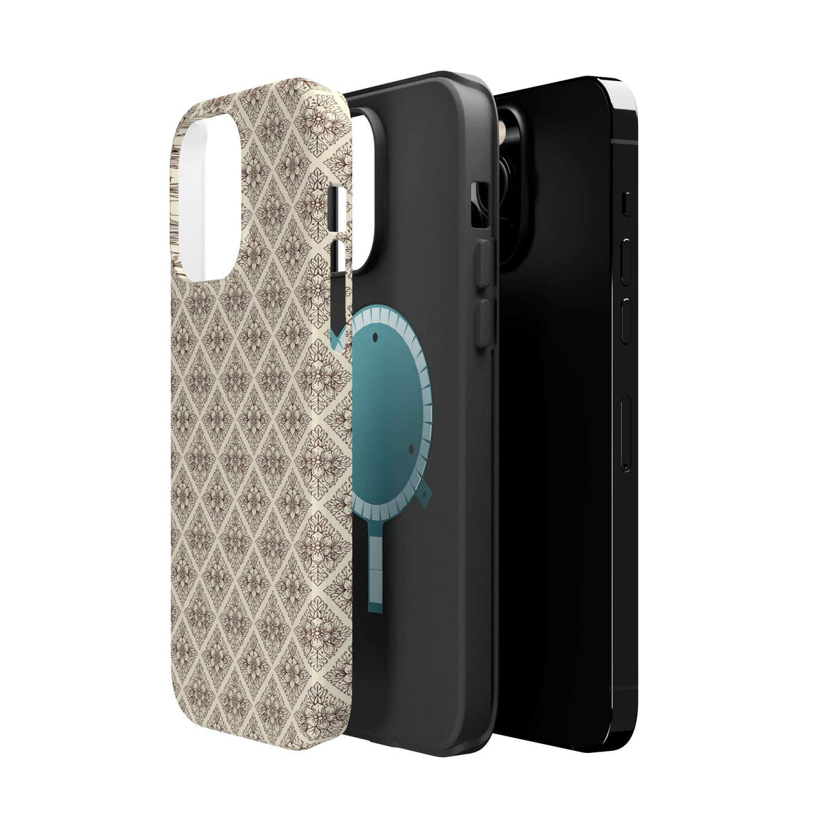 Beige patterned phone case with blue oval design, close side view with port cutouts