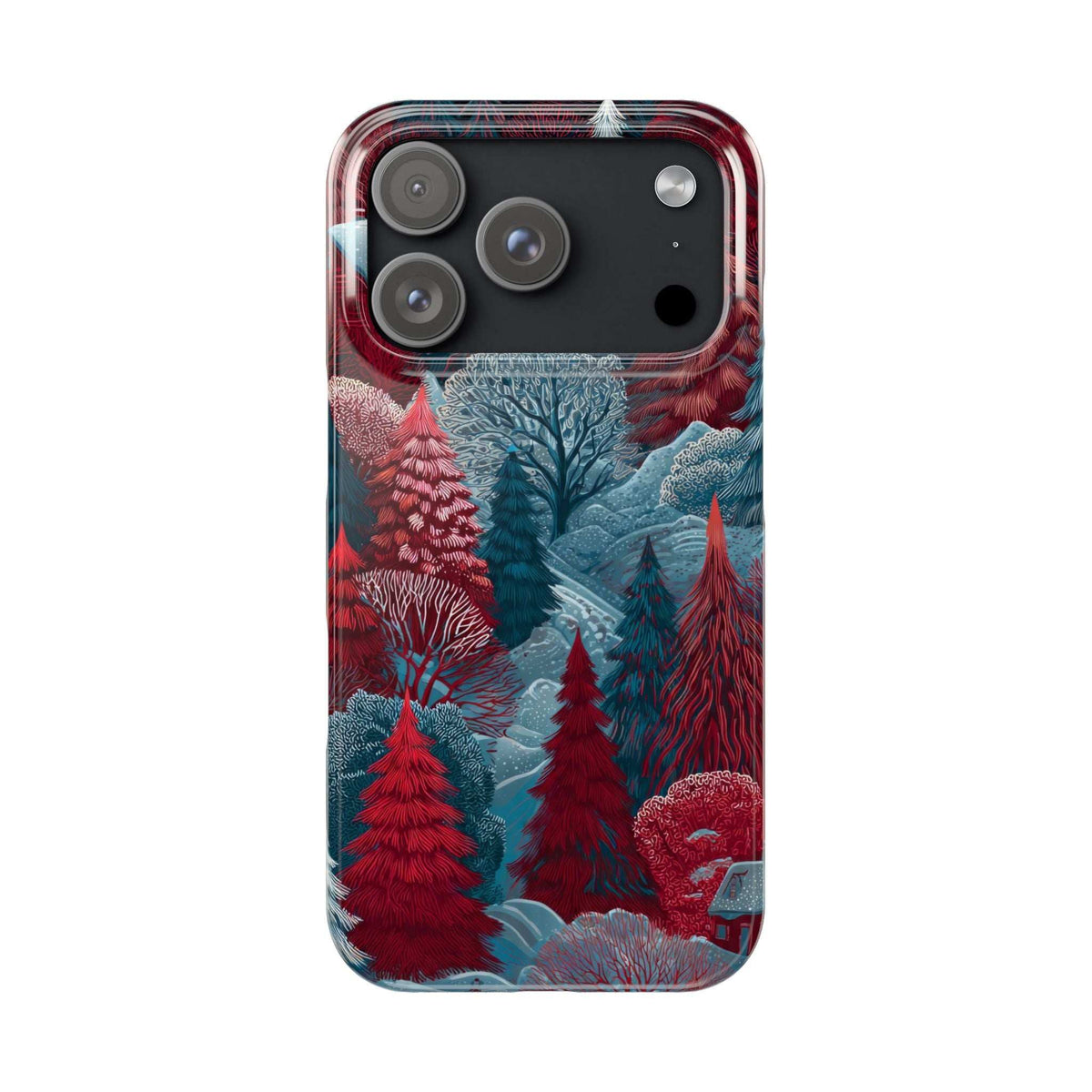 Winter forest phone case with red and blue pine trees; top camera area visible