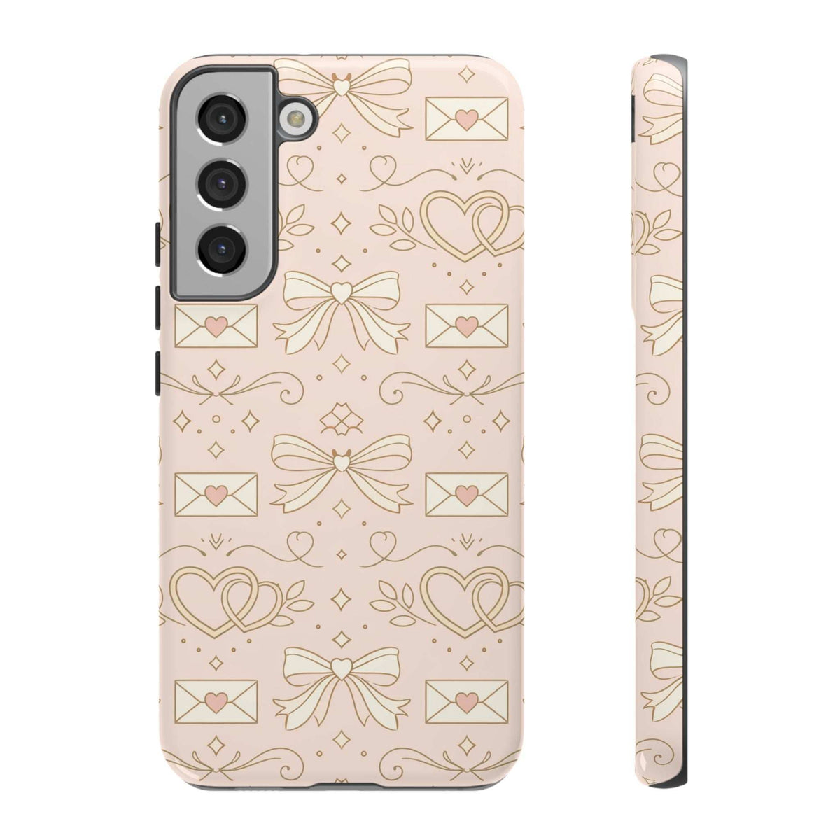 Blush pink tough phone case with heart, bow, and envelope pattern; front with camera openings.