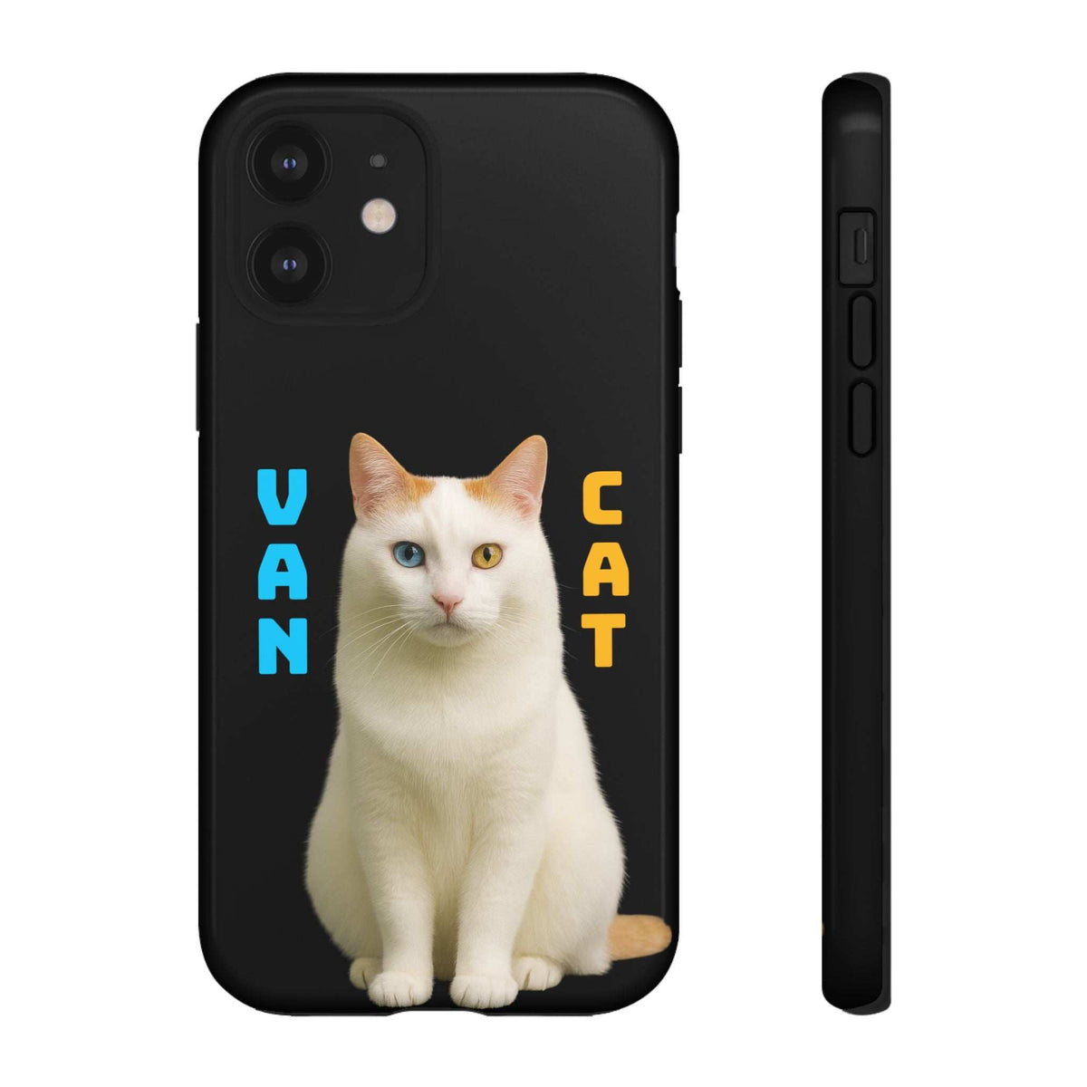 Glossy black phone case with white cat graphic and VAN CAT lettering, camera cutouts on back