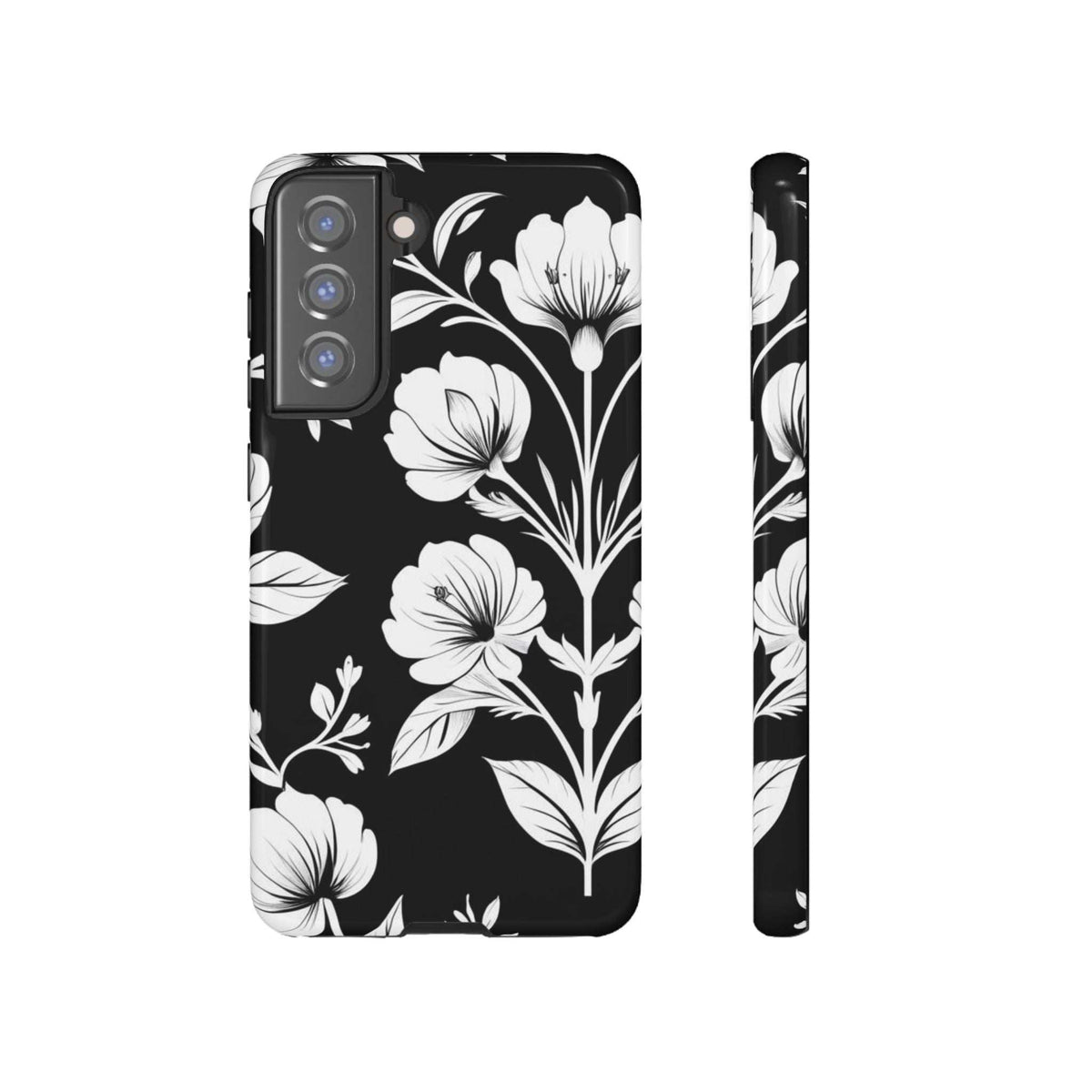 Black phone case with white floral pattern, back view with camera cutouts