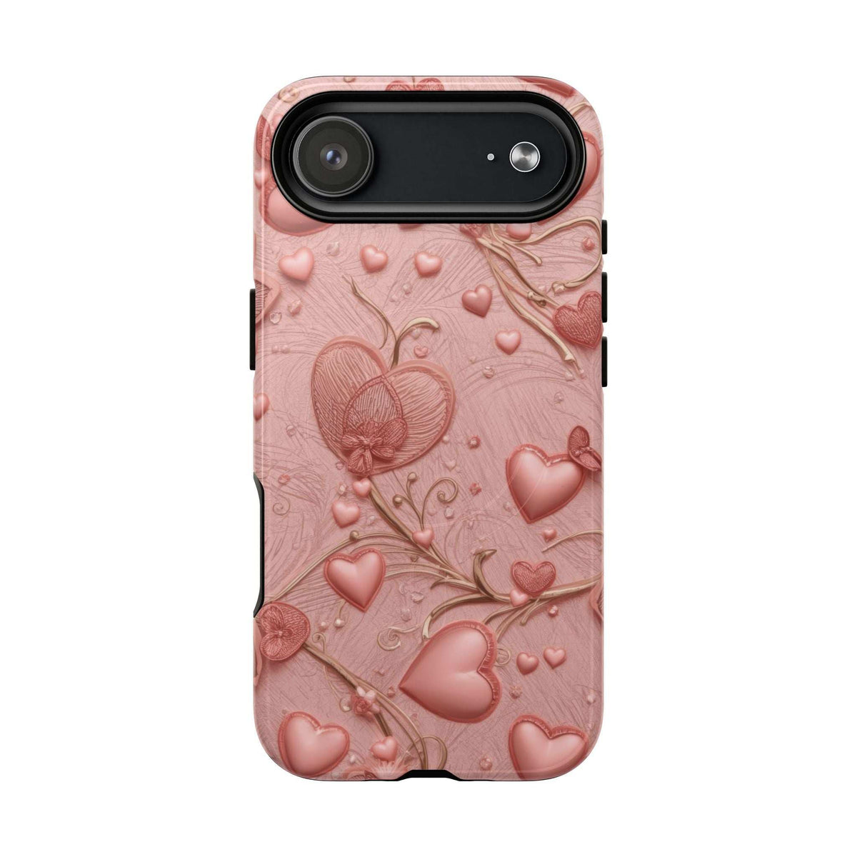 Pink phone case with embossed hearts and swirls, showing a horizontal camera cutout