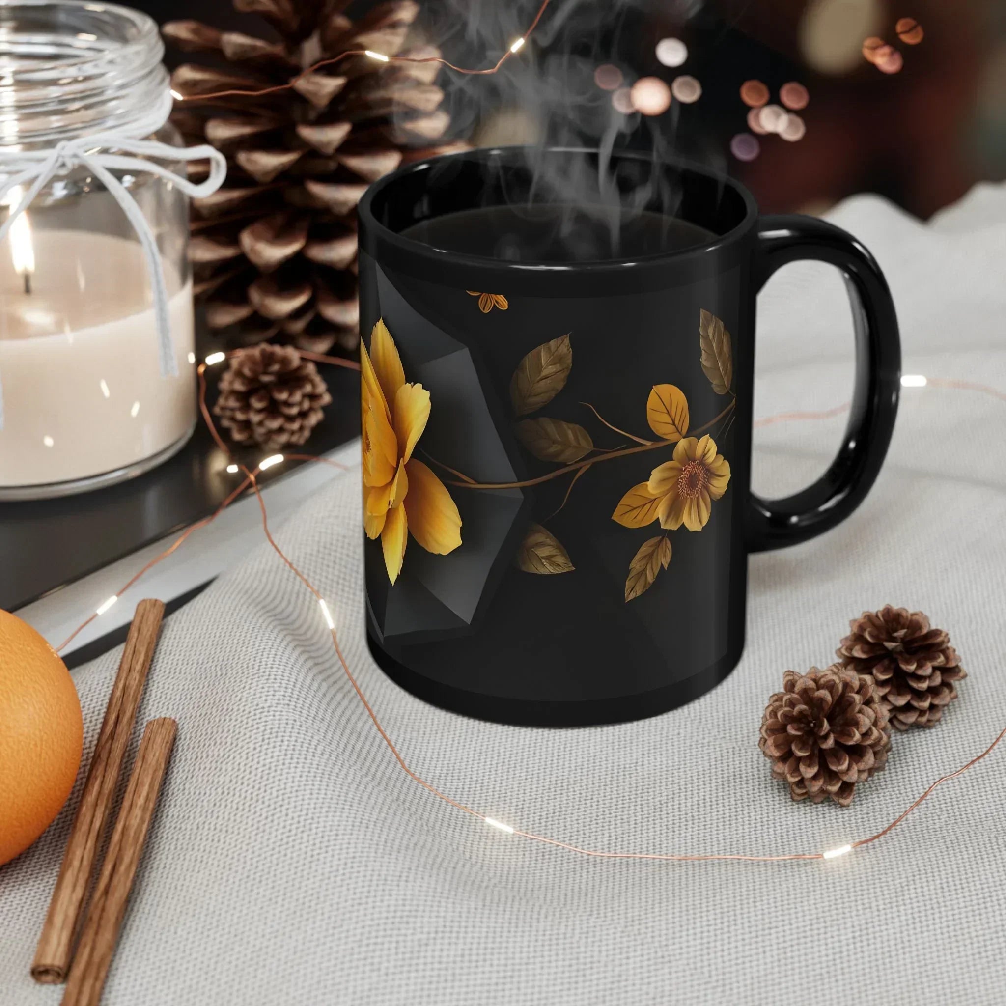 Glossy Black Floral Mug (11oz, 15oz) - KARARMDESIGN