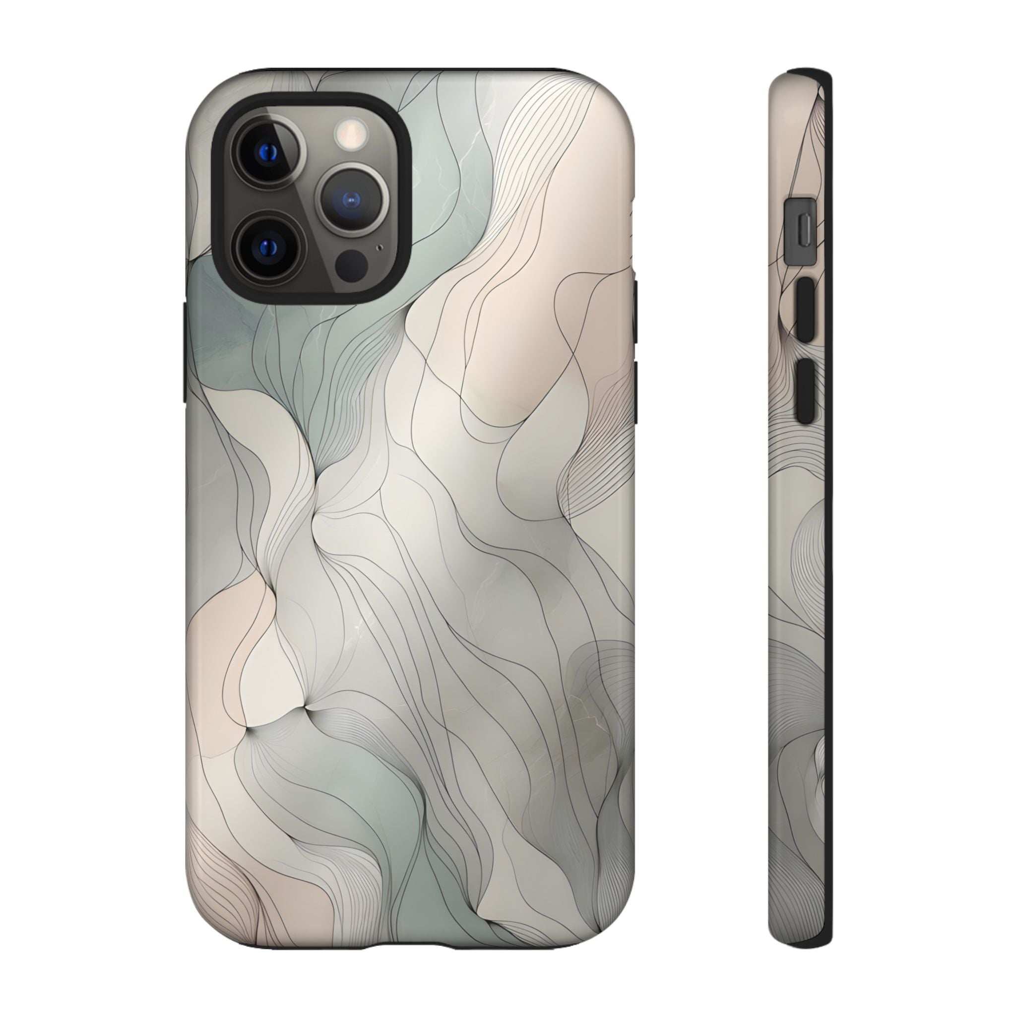 Phone case with pastel wave artwork in light beige and teal tones, camera lens cutouts shown.