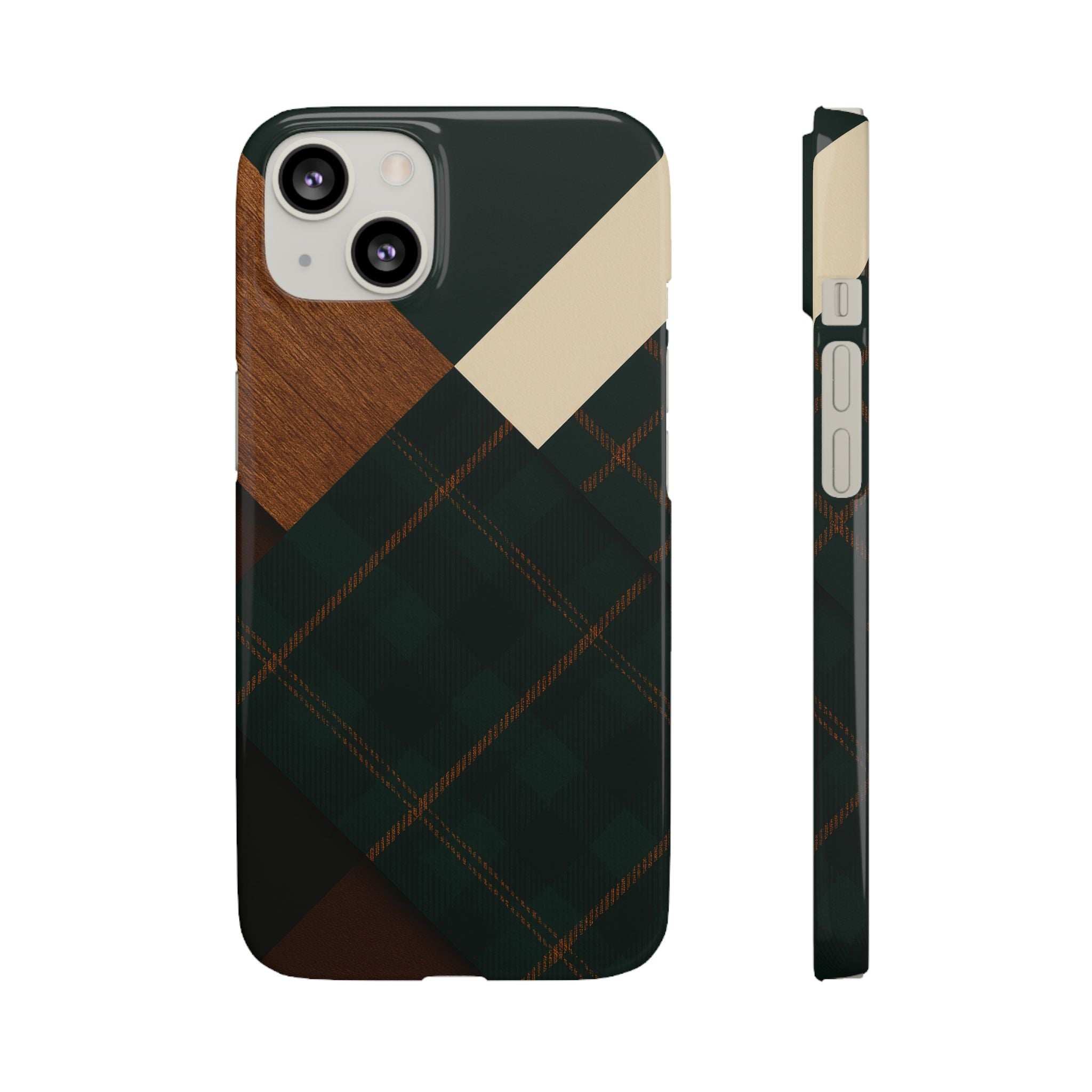 Dark green phone case with tan corner panel and plaid pattern; camera lenses exposed.