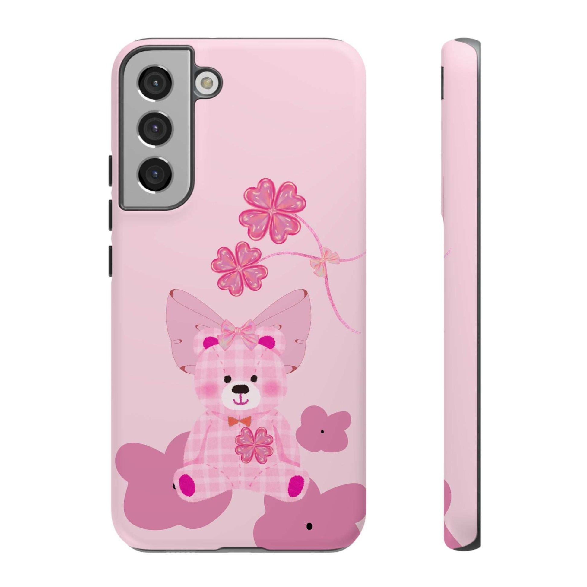Pink phone case with teddy bear and flower graphic, close back camera cutouts