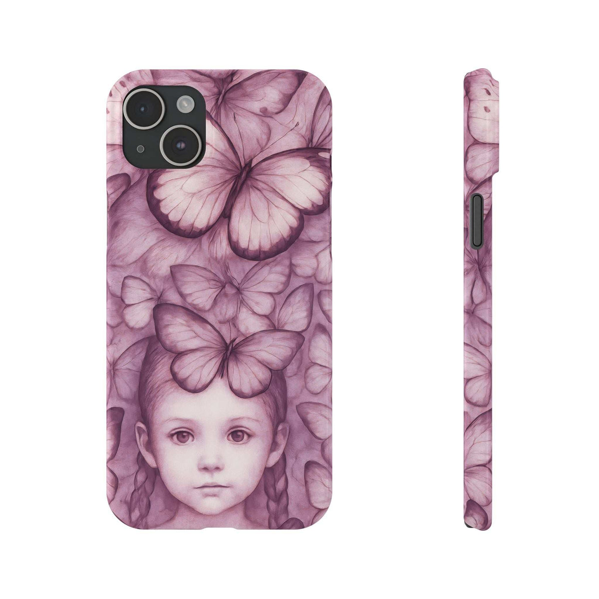 Purple butterfly girl phone case with side button and port cutouts