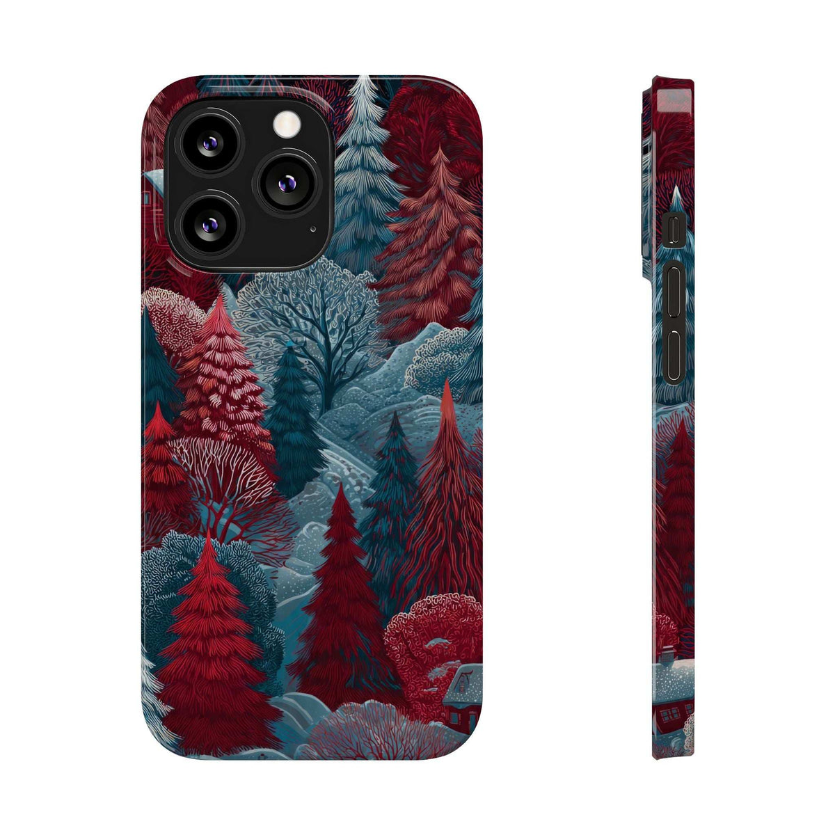 Phone case front and side view featuring red-blue forest scene and camera lens cutouts