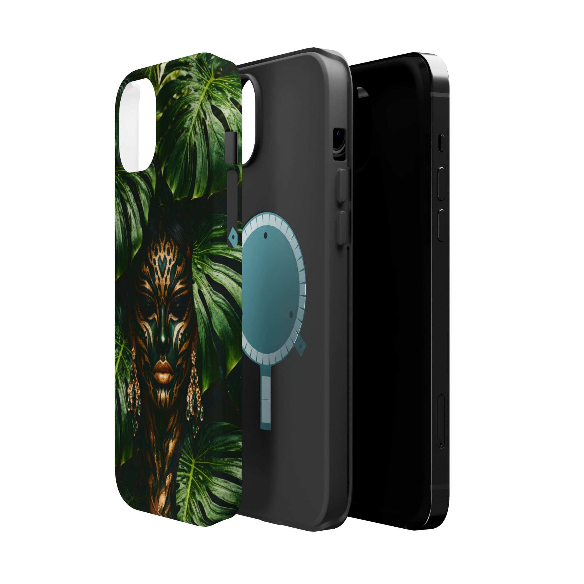 Phone case with jungle lion face artwork and light-blue hand icon; side button cutouts