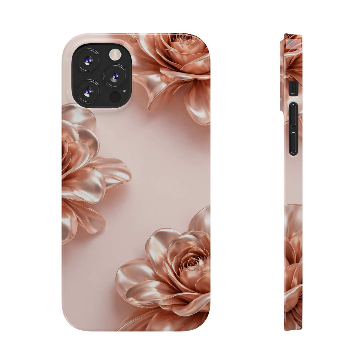 Blush metallic floral phone case showing side buttons and back camera cutout