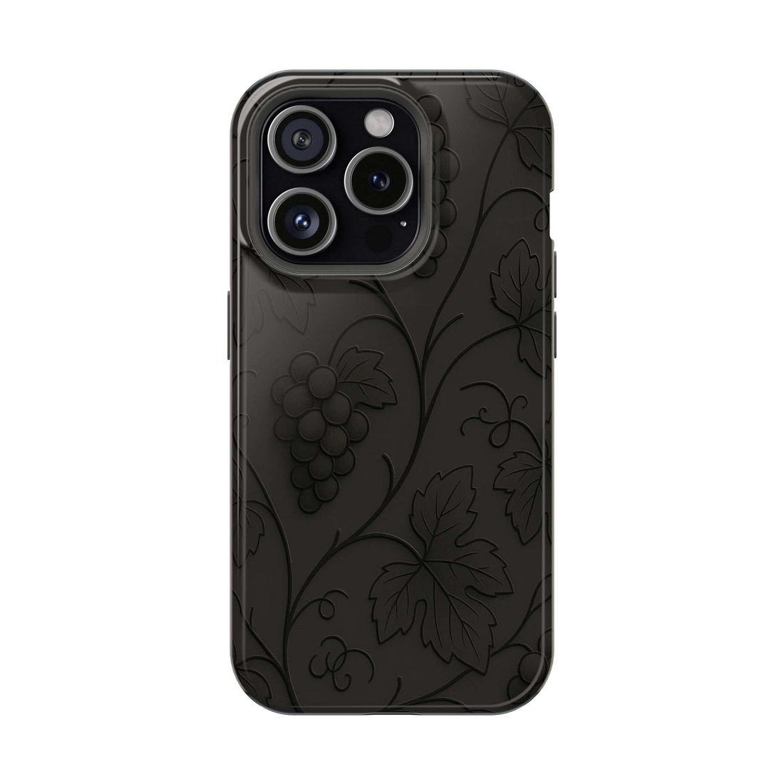 Black embossed grape leaf phone case with raised pattern and camera cutouts