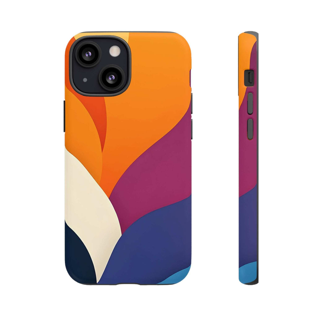 Abstract phone case showing bold orange and magenta curves over navy with cream highlights.