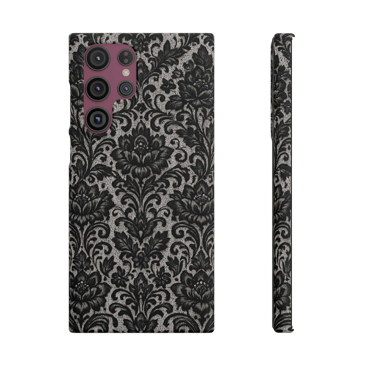 Black damask floral phone case with visible camera cutouts and slim side design