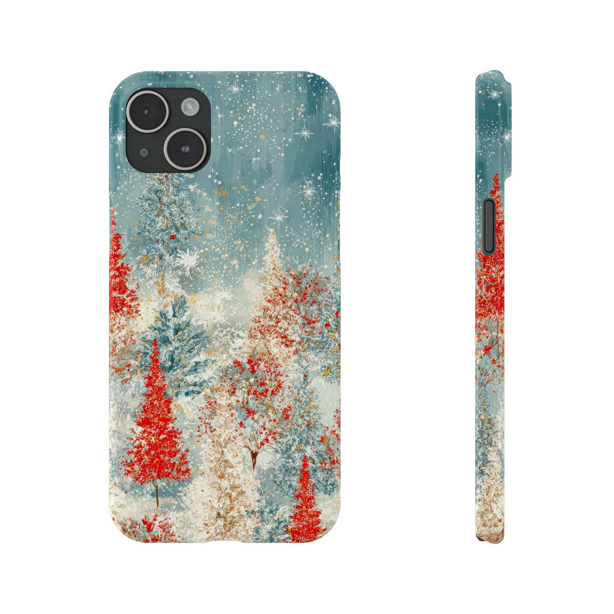 Snowy forest phone case with teal snowy background, red trees; camera lenses and flash openings
