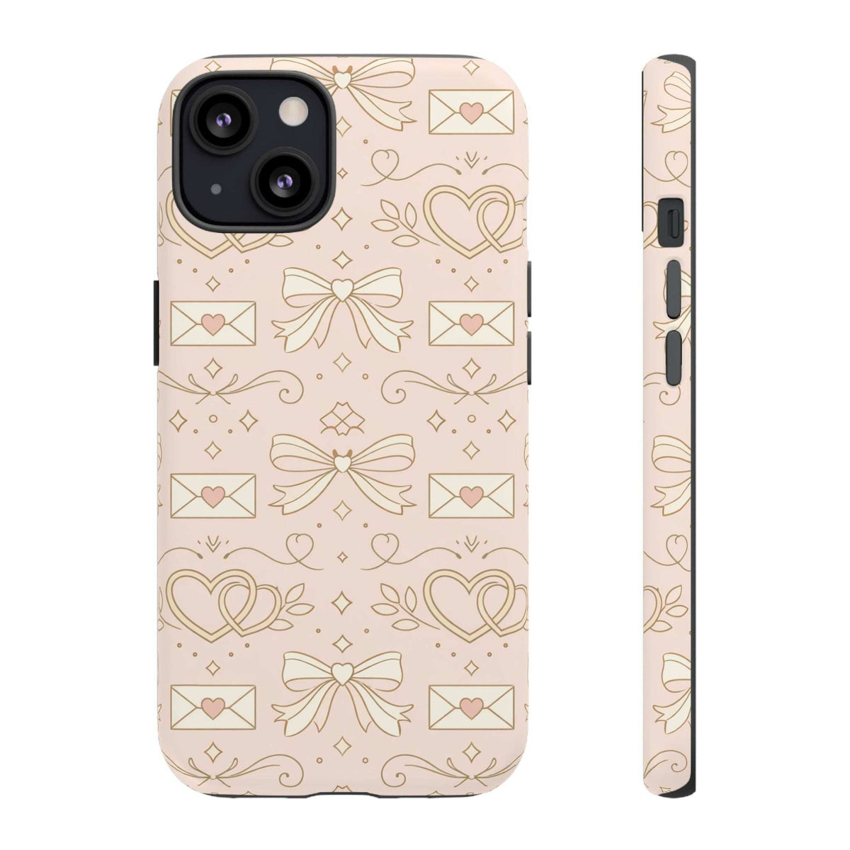Peach protective phone case with gold heart and bow pattern; side profile with cutouts