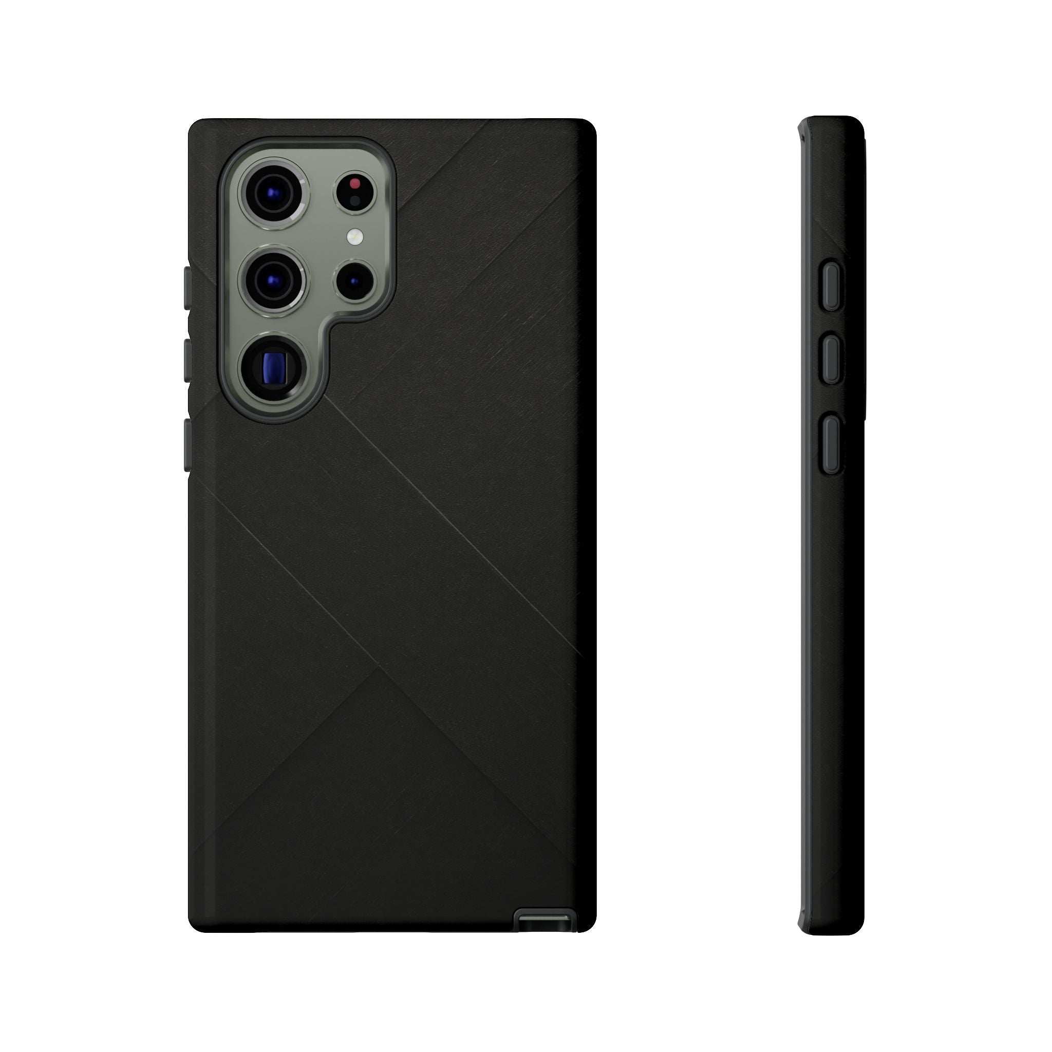Matte black phone case with diagonal line texture, camera cutouts, and protected side ports.