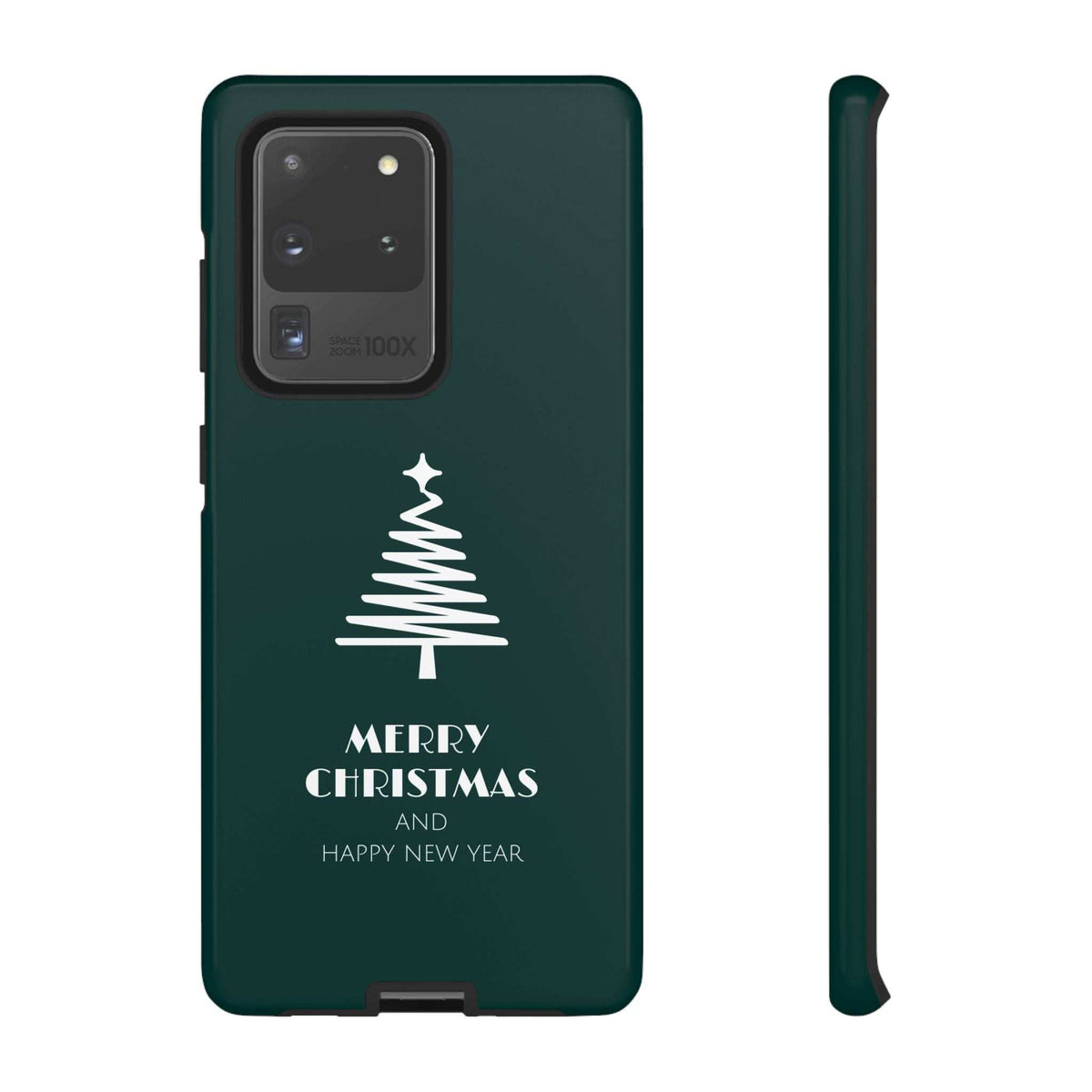 Glossy green Christmas phone case back view with white tree and 'Merry Christmas' wording