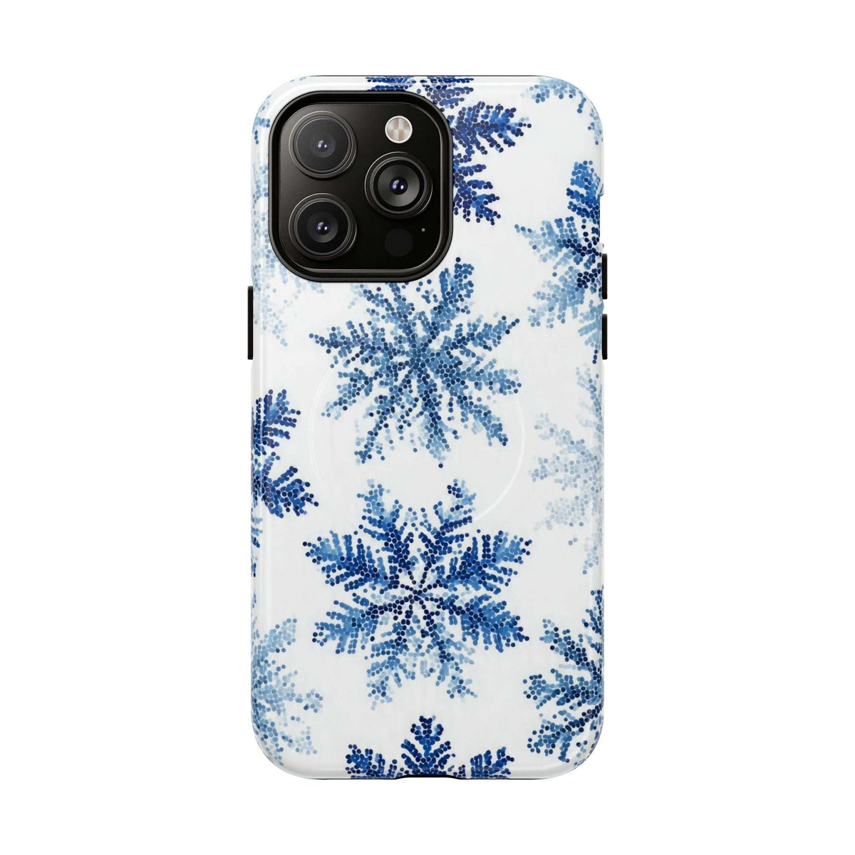 Snowflake phone case for iPhone 13-17, white with blue snowflake print, triple camera cutout