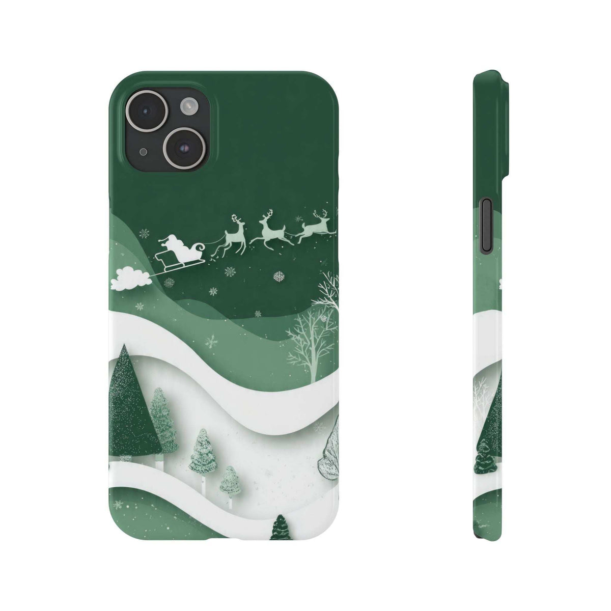 Green phone case with winter forest wave design and trees; front and side profile